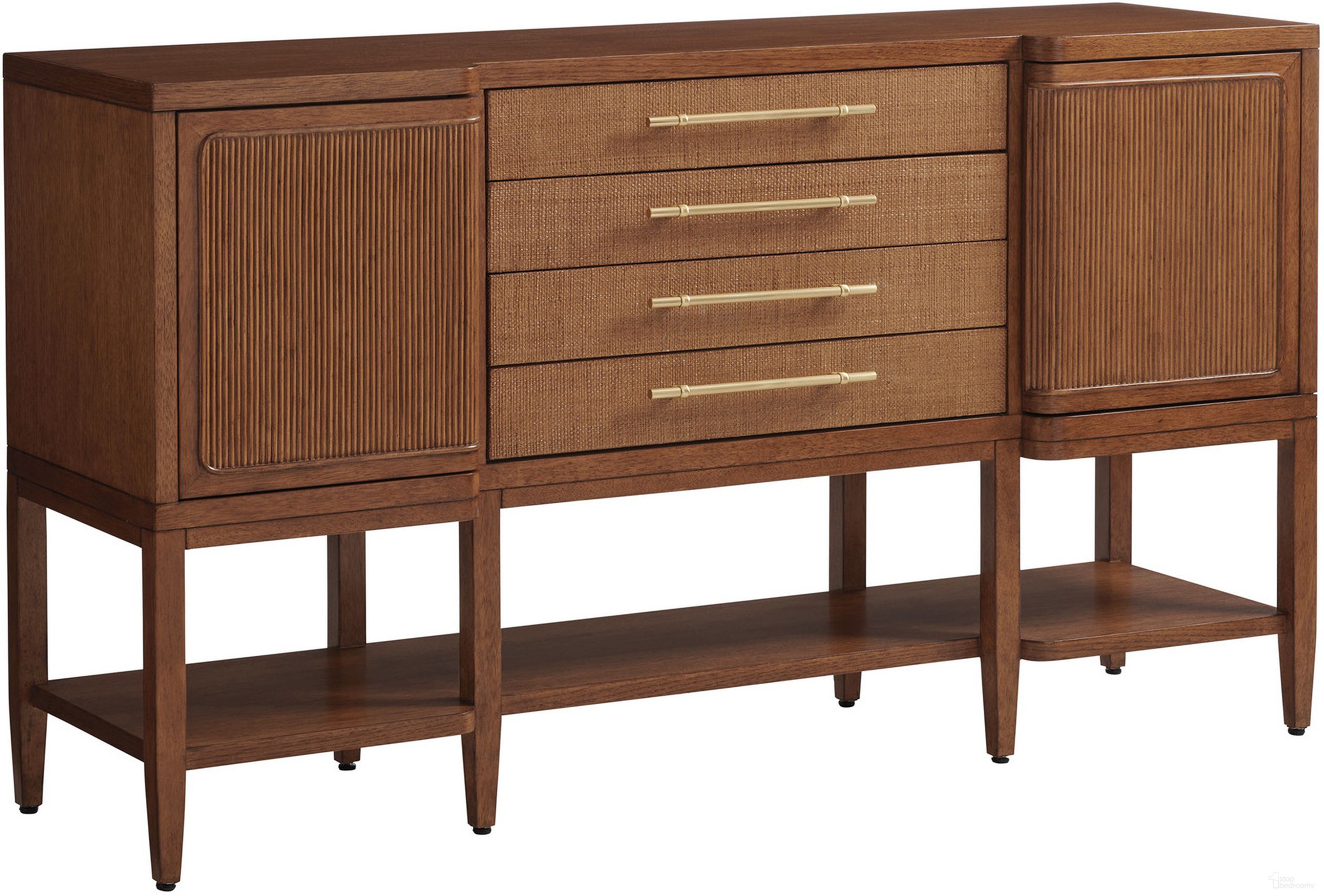 The appearance of Palm Desert Eagle Falls Sideboard In Sonoran designed by Tommy Bahama in the transitional interior design. This sonoran piece of furniture was selected by 1StopBedrooms from Palm Desert Collection to add a touch of cosiness and style into your home. Sku: 575-869. Material: Wood.