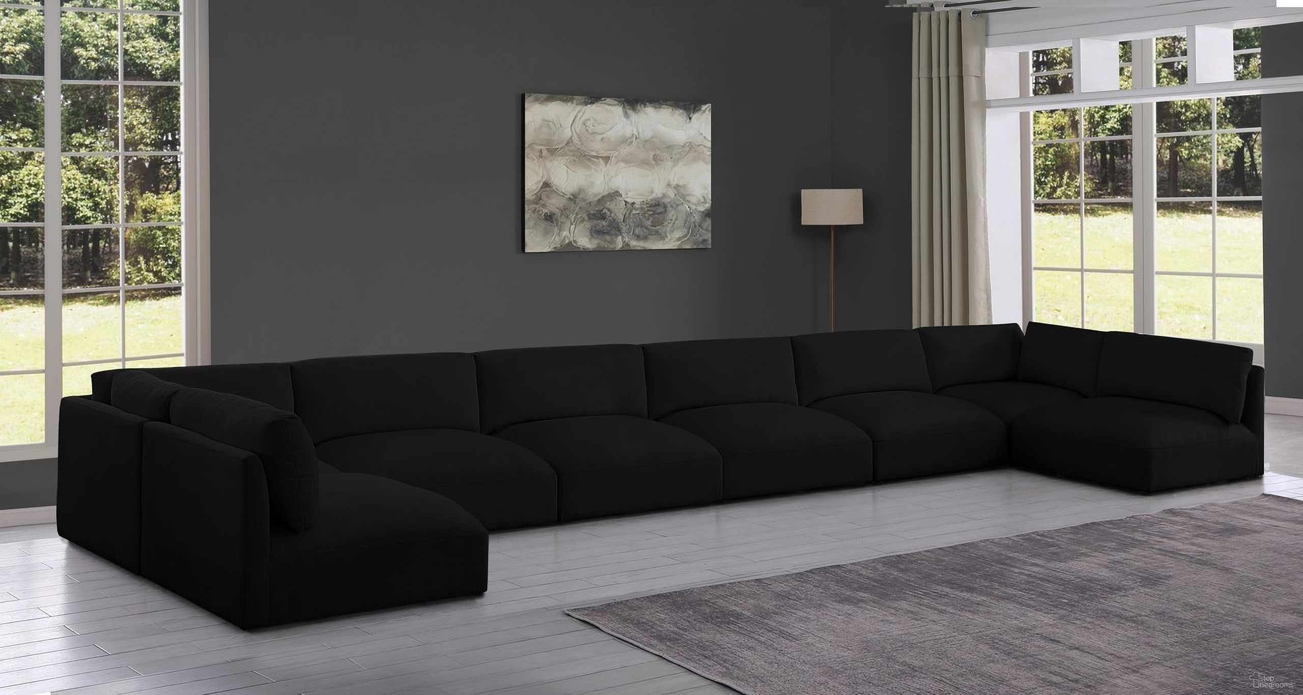 The appearance of Ease Polyester Fabric 8 Piece Modular Sectional In Black designed by Meridian in the modern / contemporary interior design. This black piece of furniture  was selected by 1StopBedrooms from Ease Collection to add a touch of cosiness and style into your home. Sku: 696Black-Armless;696Black-Armless;696Black-Armless;696Black-Armless;696Black-Armless;696Black-Armless;696Black-Corner;696Black-Corner. Material: Polyester. Layout: Modular.