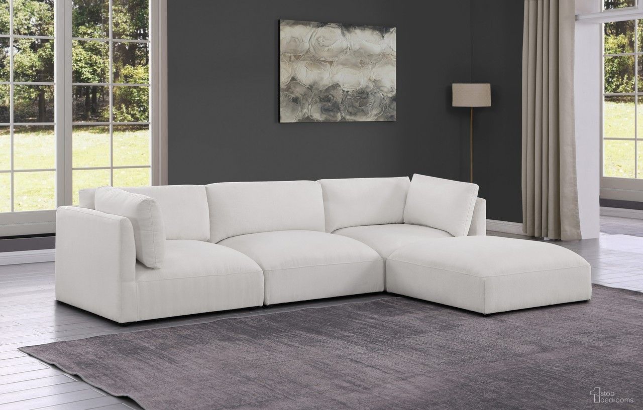 The appearance of Ease Polyester Fabric 4 Piece Modular Sectional In Cream designed by Meridian in the modern / contemporary interior design. This cream piece of furniture was selected by 1StopBedrooms from Ease Collection to add a touch of cosiness and style into your home. Sku: 696Cream-Armless;696Cream-Corner;696Cream-Corner;696Cream-Ott. Material: Wood. Layout: Modular.