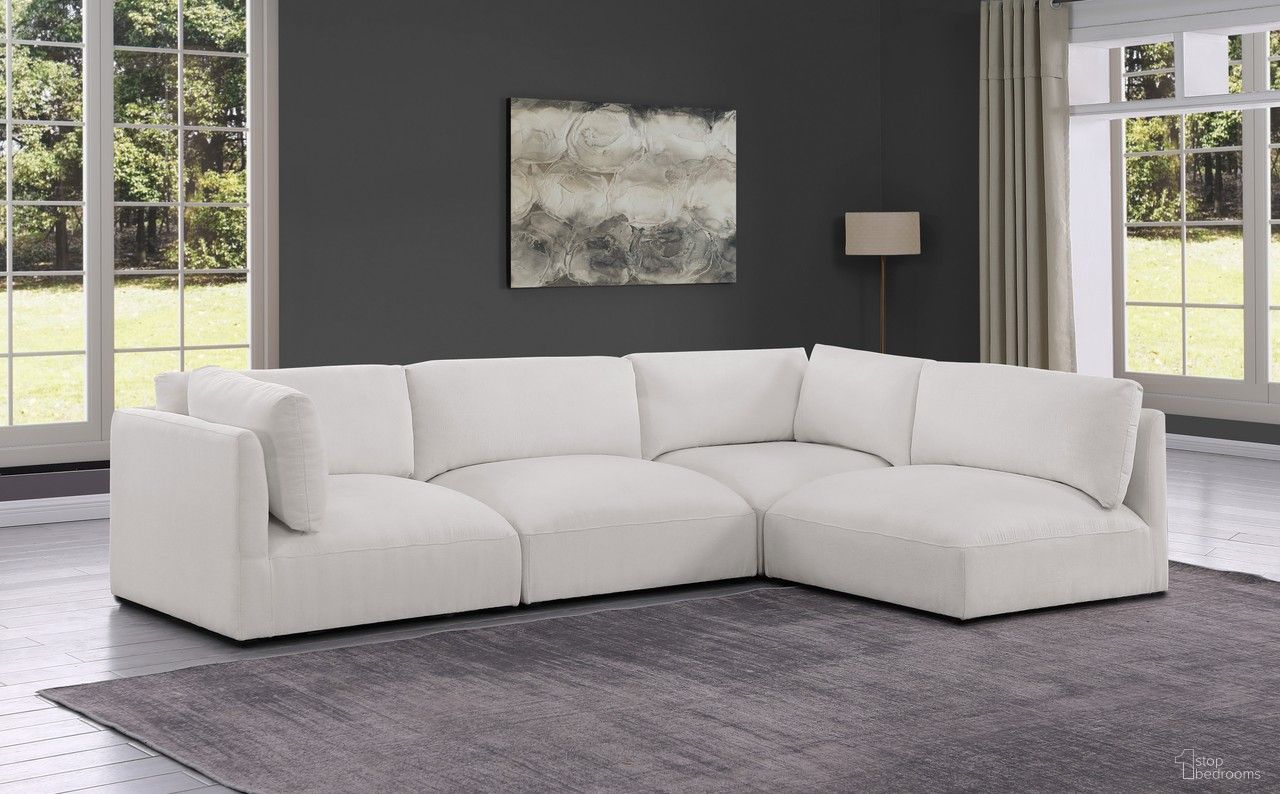 The appearance of Ease Polyester Fabric 4 Piece Modular Sectional In Cream designed by Meridian in the modern / contemporary interior design. This cream piece of furniture  was selected by 1StopBedrooms from Ease Collection to add a touch of cosiness and style into your home. Sku: 696Cream-Armless;696Cream-Armless;696Cream-Corner;696Cream-Corner. Material: Wood. Layout: Modular.