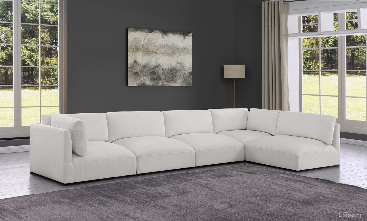The appearance of Ease Polyester Fabric 5 Piece Modular Sectional In Cream designed by Meridian in the modern / contemporary interior design. This cream piece of furniture  was selected by 1StopBedrooms from Ease Collection to add a touch of cosiness and style into your home. Sku: 696Cream-Armless;696Cream-Armless;696Cream-Armless;696Cream-Corner;696Cream-Corner. Material: Wood. Layout: Modular.