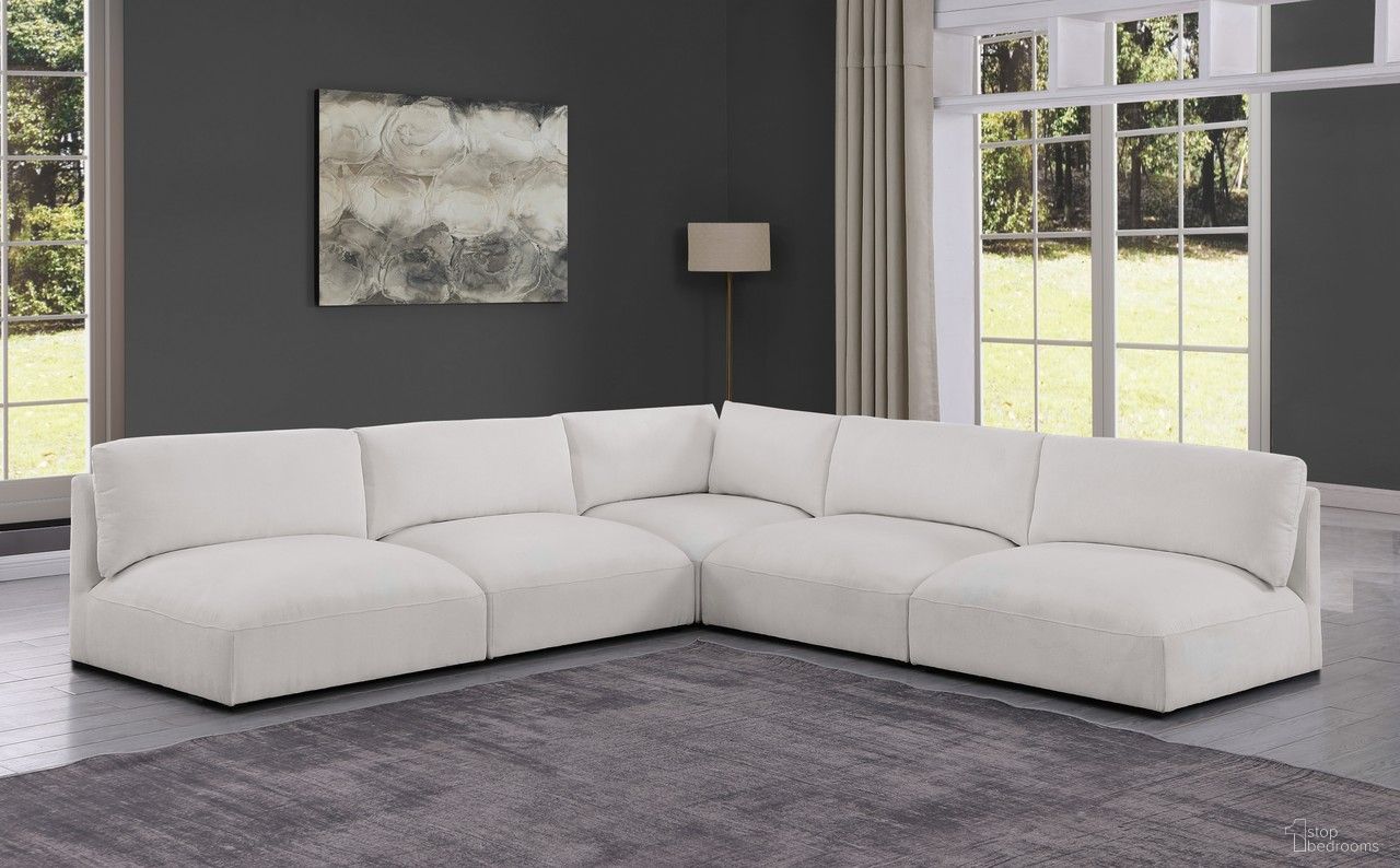 The appearance of Ease Polyester Fabric 5 Piece Modular Sectional In Cream designed by Meridian in the modern / contemporary interior design. This cream piece of furniture  was selected by 1StopBedrooms from Ease Collection to add a touch of cosiness and style into your home. Sku: 696Cream-Armless;696Cream-Armless;696Cream-Armless;696Cream-Armless;696Cream-Corner. Material: Wood. Layout: Modular.