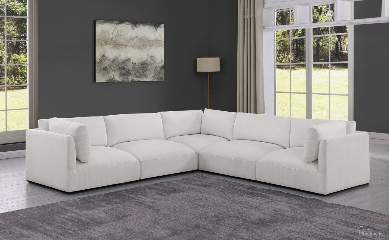 The appearance of Ease Polyester Fabric 5 Piece Modular Sectional In Cream designed by Meridian in the modern / contemporary interior design. This cream piece of furniture  was selected by 1StopBedrooms from Ease Collection to add a touch of cosiness and style into your home. Sku: 696Cream-Armless;696Cream-Armless;696Cream-Corner;696Cream-Corner;696Cream-Corner. Material: Wood. Layout: Modular.