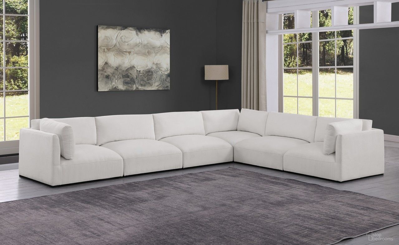 The appearance of Ease Polyester Fabric 6 Piece Modular Sectional In Cream designed by Meridian in the modern / contemporary interior design. This cream piece of furniture  was selected by 1StopBedrooms from Ease Collection to add a touch of cosiness and style into your home. Sku: 696Cream-Armless;696Cream-Armless;696Cream-Armless;696Cream-Corner;696Cream-Corner;696Cream-Corner. Material: Wood. Layout: Modular.