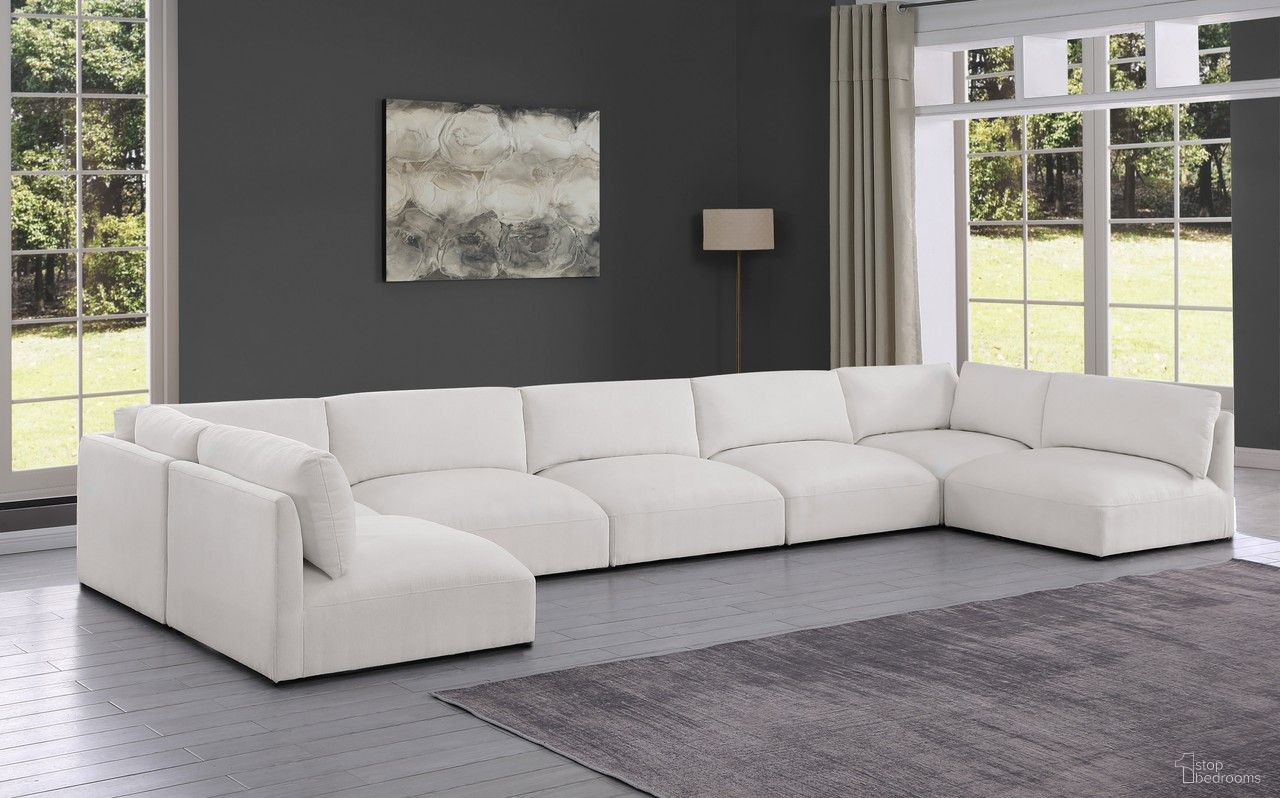 The appearance of Ease Polyester Fabric 7 Piece Modular Sectional In Cream designed by Meridian in the modern / contemporary interior design. This cream piece of furniture  was selected by 1StopBedrooms from Ease Collection to add a touch of cosiness and style into your home. Sku: 696Cream-Armless;696Cream-Armless;696Cream-Armless;696Cream-Armless;696Cream-Armless;696Cream-Corner;696Cream-Corner. Material: Wood. Layout: Modular.