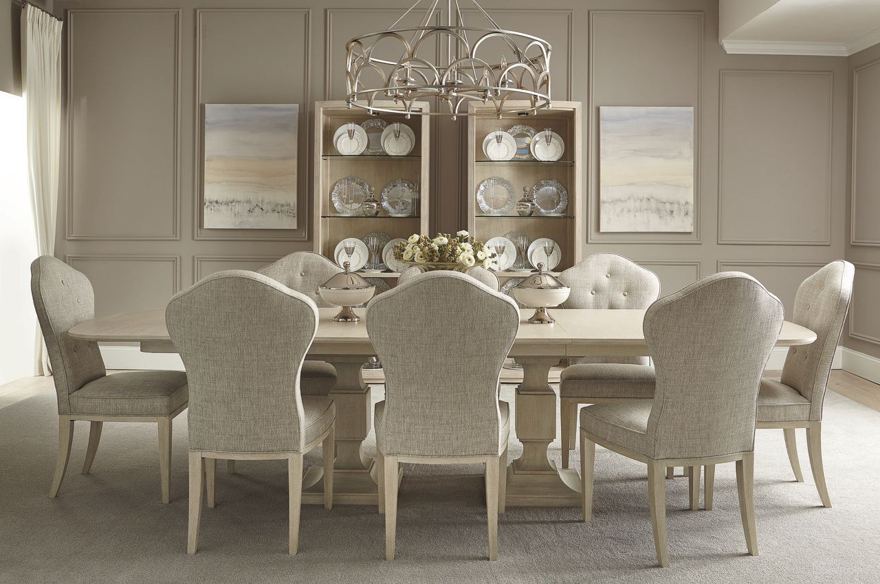 The appearance of East Hampton Dining Room Set designed by Bernhardt in the modern / contemporary interior design. This cerused linen piece of furniture  was selected by 1StopBedrooms from East Hampton Collection to add a touch of cosiness and style into your home. Sku: 395242;395244;395541. Table Base Style: Double Pedestal. Material: Wood. Table Top Shape: Rectangular. Size: 46" x 84".