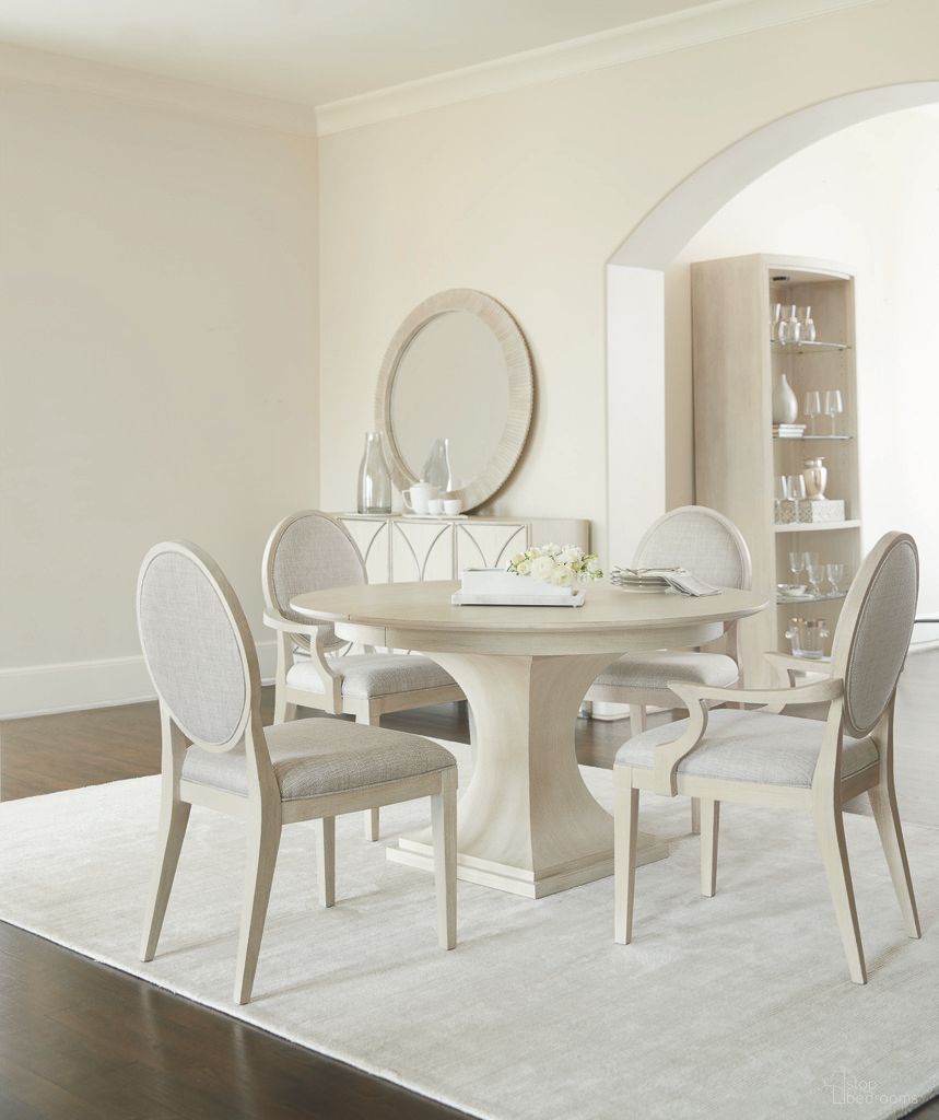 The appearance of East Hampton Round Dining Room Set In Cerused Linen designed by Bernhardt in the traditional interior design. This cerused linen piece of furniture was selected by 1StopBedrooms from East Hampton Collection to add a touch of cosiness and style into your home. Sku: 395274;395275;395561. Table Base Style: Pedestal. Table Top Shape: Round. Size: 54". Material: Ash Veneer.