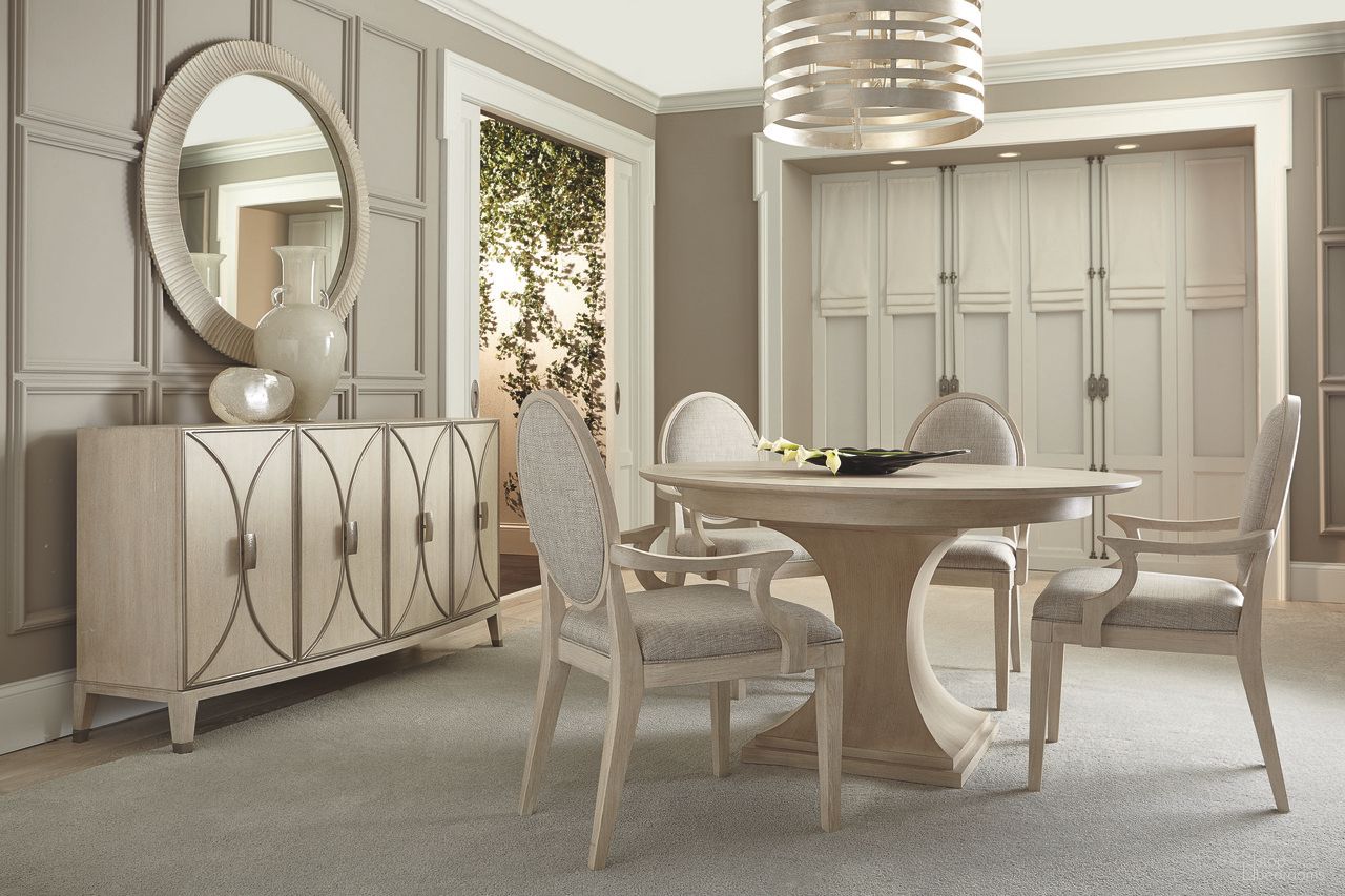 The appearance of East Hampton Round Dining Room Set designed by Bernhardt in the traditional interior design. This cerused linen piece of furniture was selected by 1StopBedrooms from East Hampton Collection to add a touch of cosiness and style into your home. Sku: 395274;395275;395562. Table Base Style: Pedestal. Table Top Shape: Round. Size: 54". Material: Ash Veneer.