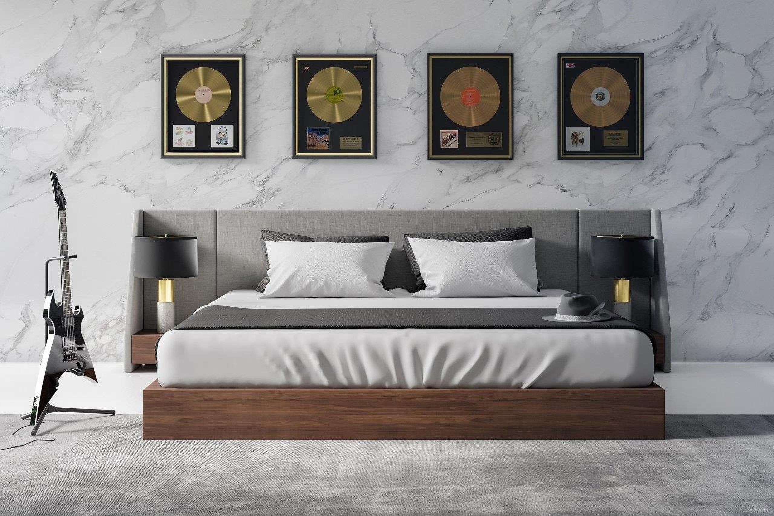 Eastern King Nova Domus Janice Modern Grey Fabric And Walnut Bed And Nightstands