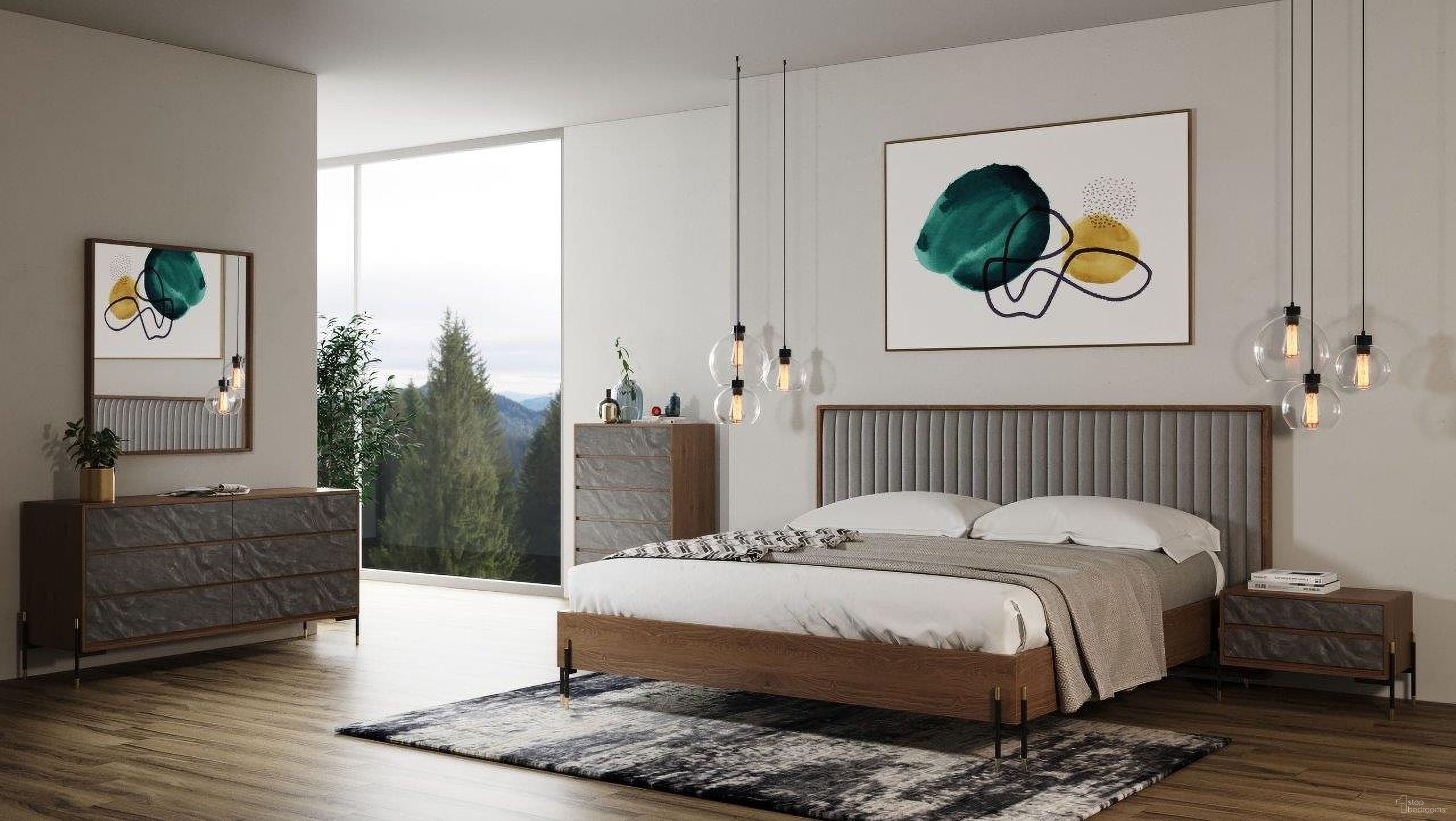 The appearance of Eastern King Nova Domus Metcalf Mid-Century Walnut And Grey Bed With Two Nightstands designed by VIG Furniture in the transitional interior design. This brown piece of furniture was selected by 1StopBedrooms from Nova Domus Metcalf Collection to add a touch of cosiness and style into your home. Sku: VGMABR-120-BRN-BED-EK. Bed Type: Platform Bed. Material: Fabric. Bed Size: King.