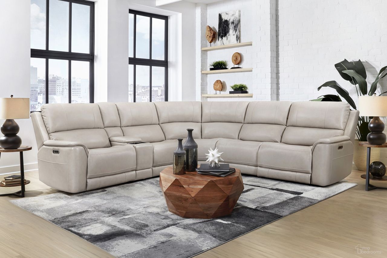 The appearance of Easton 6 Piece Zero Gravity Power Reclining Sectional with Power Adjustable Headrests In Steamboat Quartz designed by Parker House in the transitional interior design. This steamboat quartz piece of furniture  was selected by 1StopBedrooms from Easton Collection to add a touch of cosiness and style into your home. Sku: MEAS-810P3Z-STQZ;MEAS-811LP3Z-STQZ;MEAS-840-STQZ;MEAS-850-STQZ;MEAS-811RP3Z-STQZ;MEAS-860T-STQZ. Material: Top Grain Leather. Layout: L-Shape.