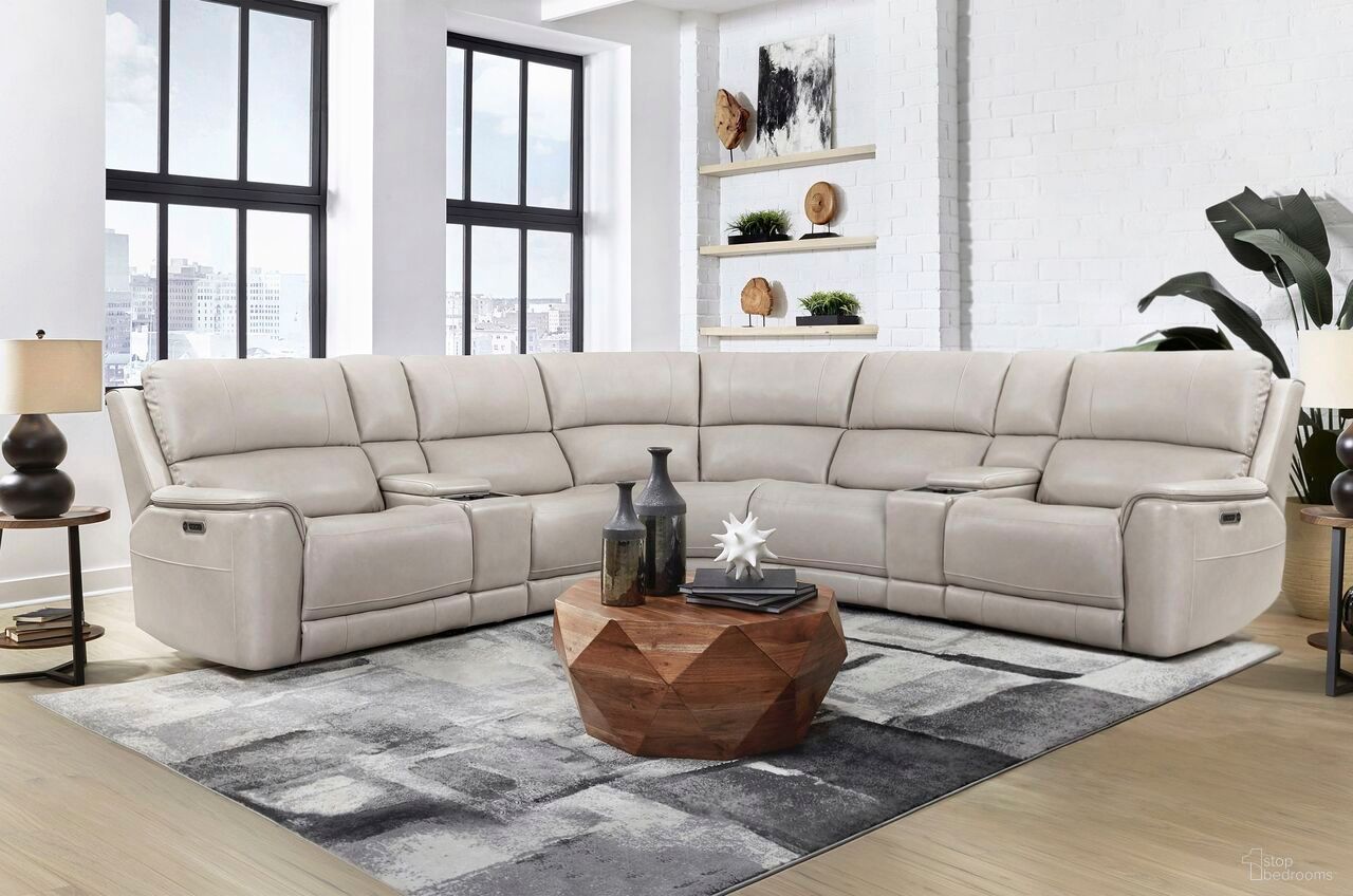 The appearance of Easton 7 Piece Zero Gravity Power Reclining Sectional with Power Adjustable Headrests In Steamboat Quartz designed by Parker House in the transitional interior design. This steamboat quartz piece of furniture  was selected by 1StopBedrooms from Easton Collection to add a touch of cosiness and style into your home. Sku: MEAS-810P3Z-STQZ;MEAS-811RP3Z-STQZ;MEAS-811LP3Z-STQZ;MEAS-840-STQZ;MEAS-860T-STQZ;MEAS-860T-STQZ;MEAS-850-STQZ. Material: Top Grain Leather. Layout: L-Shape.