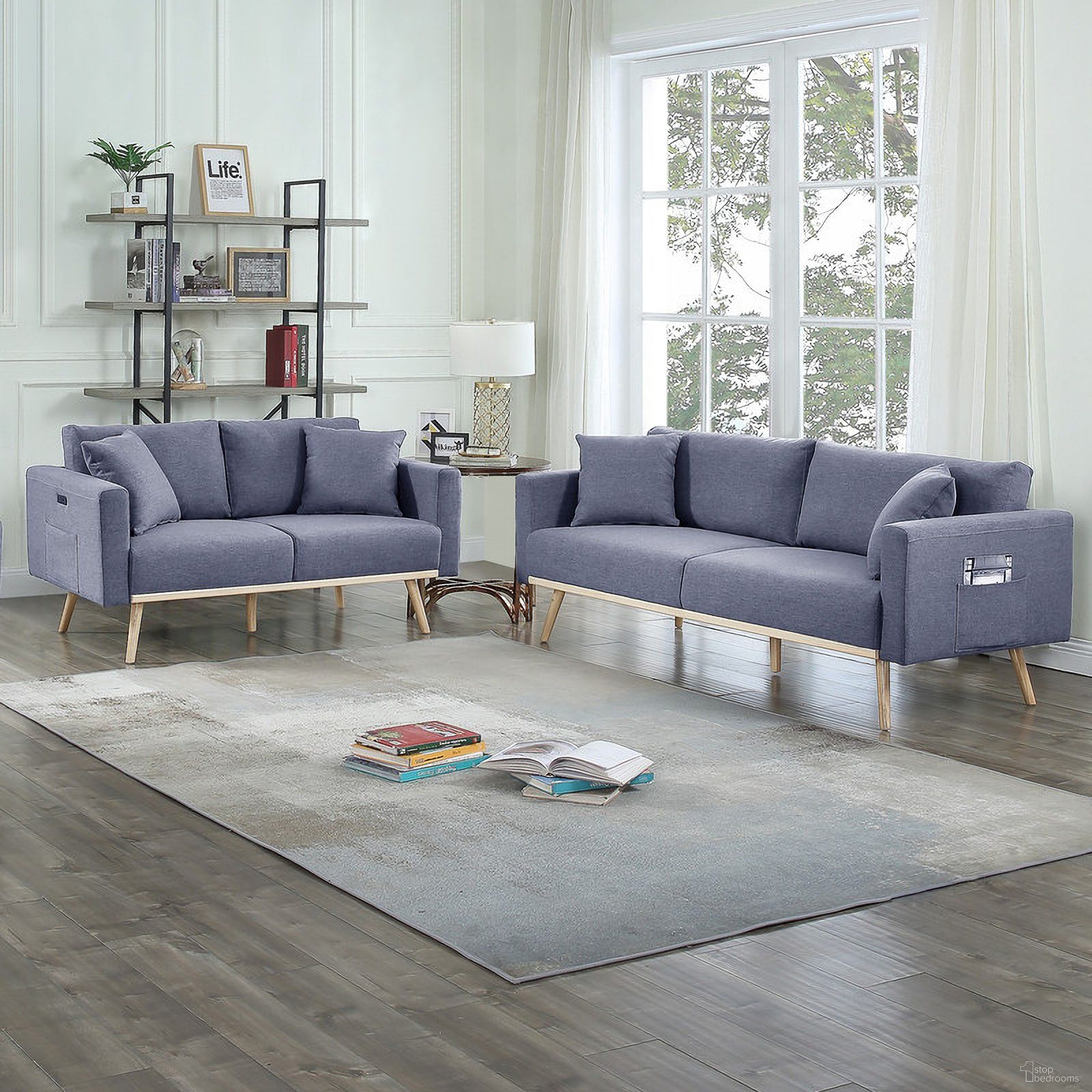 The appearance of Easton Dark Gray Linen Fabric Sofa Loveseat Living Room Set With Usb Charging Ports Pockets And Pillows designed by Lilola Home in the transitional interior design. This dark gray piece of furniture  was selected by 1StopBedrooms from Easton Collection to add a touch of cosiness and style into your home. Sku: 81370-S;81370-L. Material: Fabric.