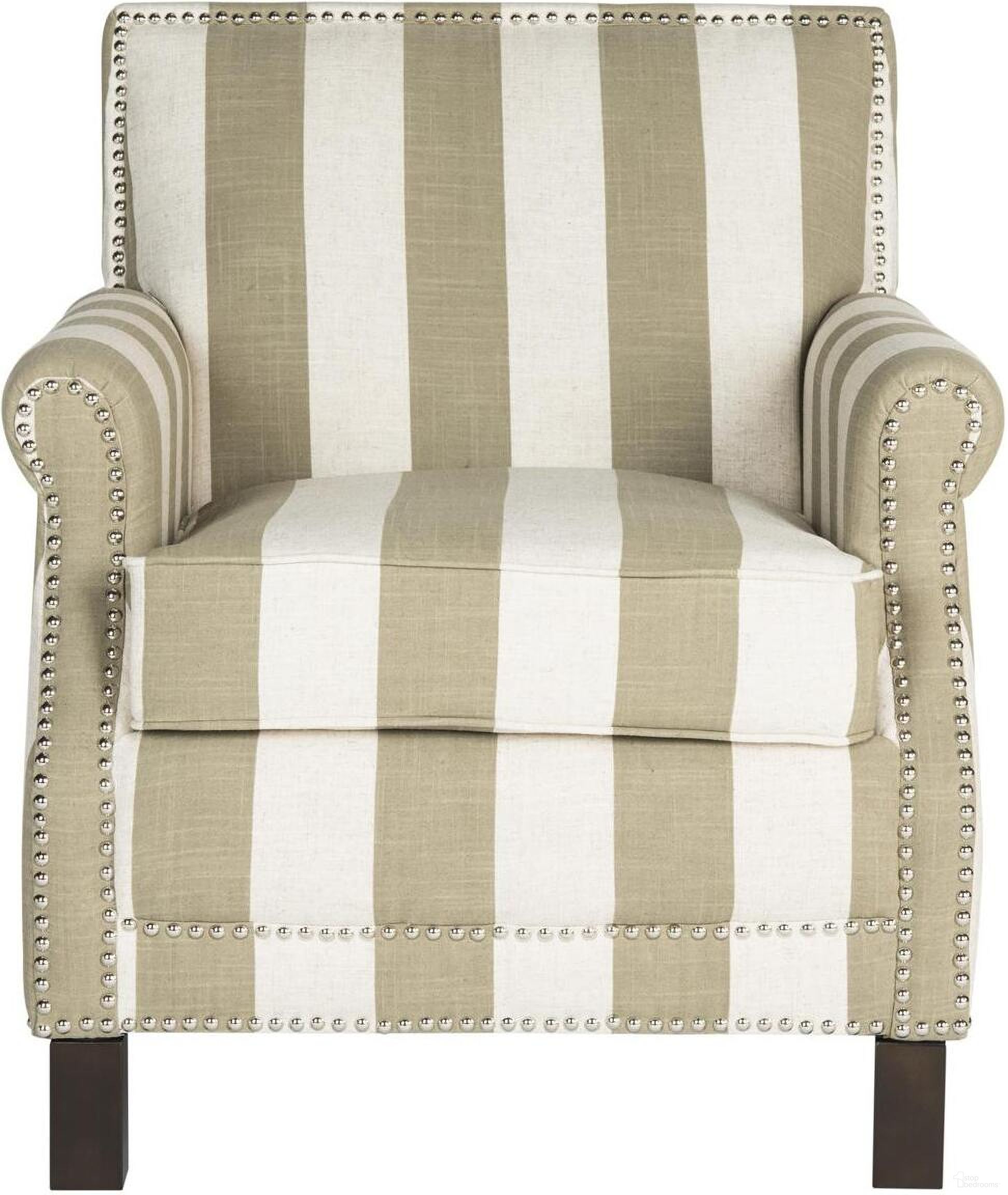 Easton Taupe, White and Espresso Club Chair with Awning Stripes and Nailhead Detail