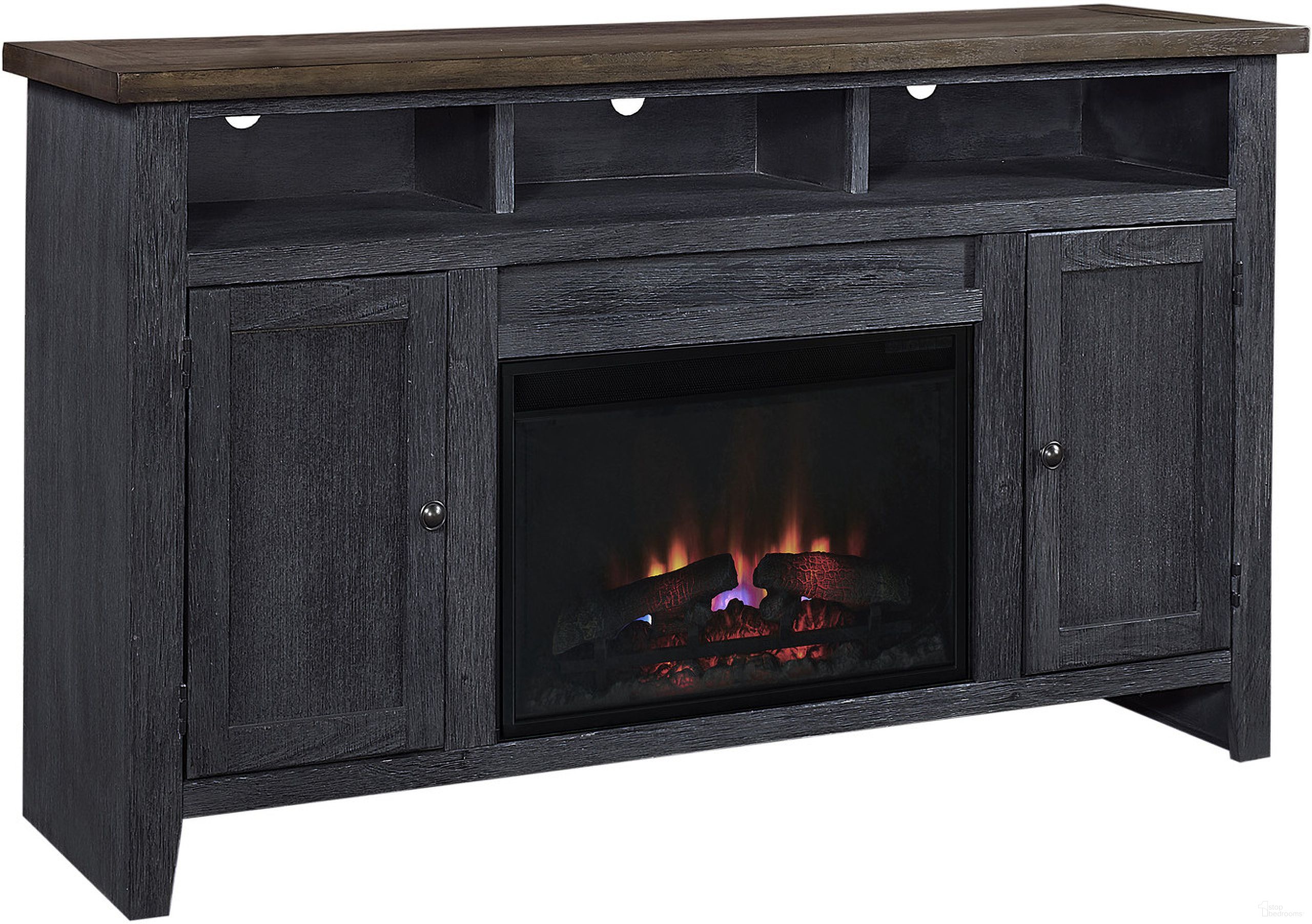 The appearance of Eastport 65 Inch Fireplace Console With 2 Doors In Black designed by Aspenhome in the country / farmhouse interior design. This black piece of furniture  was selected by 1StopBedrooms from Eastport Collection to add a touch of cosiness and style into your home. Sku: WME1901-DBK. Material: Wood.