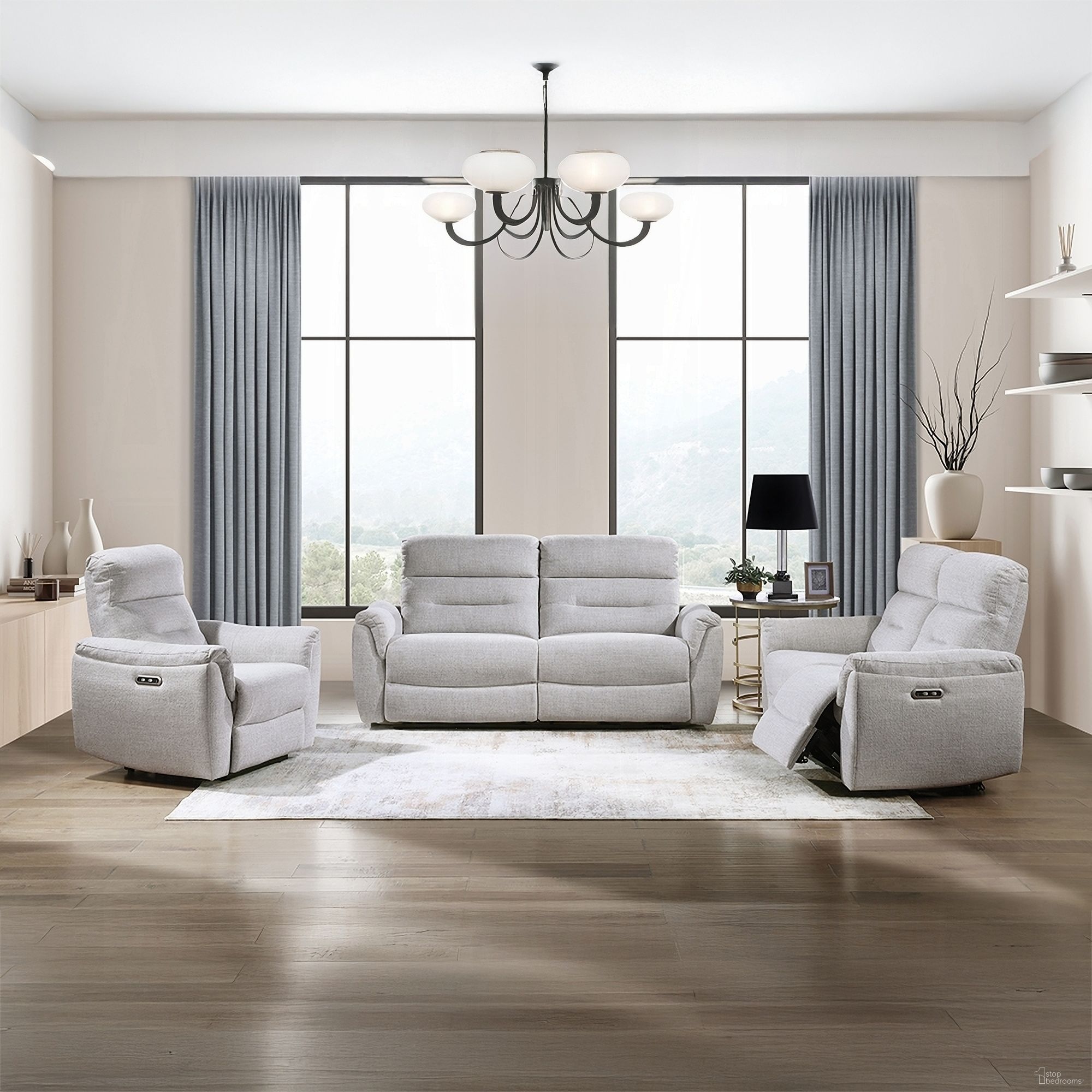 The appearance of Eastre Power Motion Living Room Set with USB Port In Gray Chenille designed by ACME in the modern / contemporary interior design. This gray chenille piece of furniture was selected by 1StopBedrooms from Eastre Collection to add a touch of cosiness and style into your home. Sku: LV03585;LV03586. Material: Fabric.