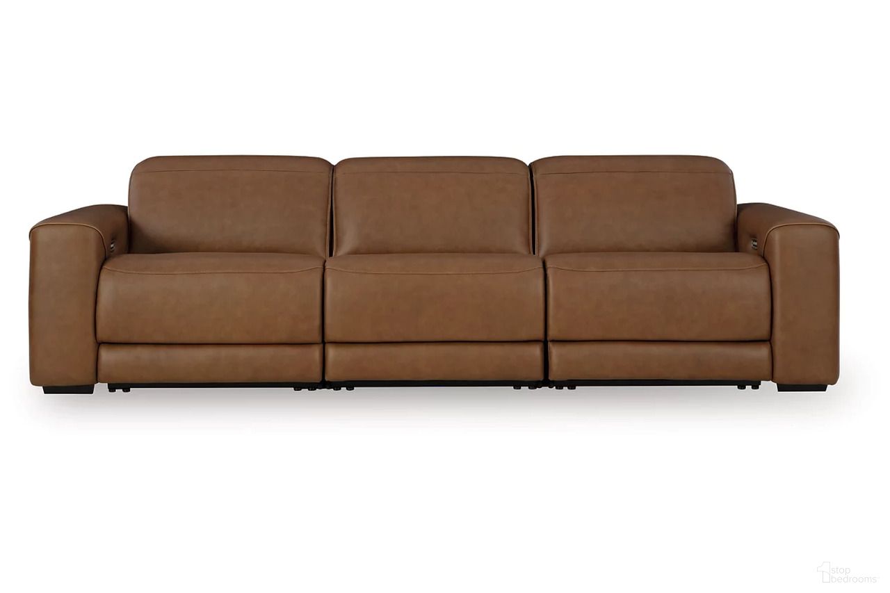 The appearance of EasyMoney 3-Piece Power Reclining Sectional Sofa In Caramel designed by Signature Design by Ashley in the modern / contemporary interior design. This caramel piece of furniture was selected by 1StopBedrooms from EasyMoney Collection to add a touch of cosiness and style into your home. Sku: NCU1070046A;NCU1070058;NCU1070062. Material: Leather.