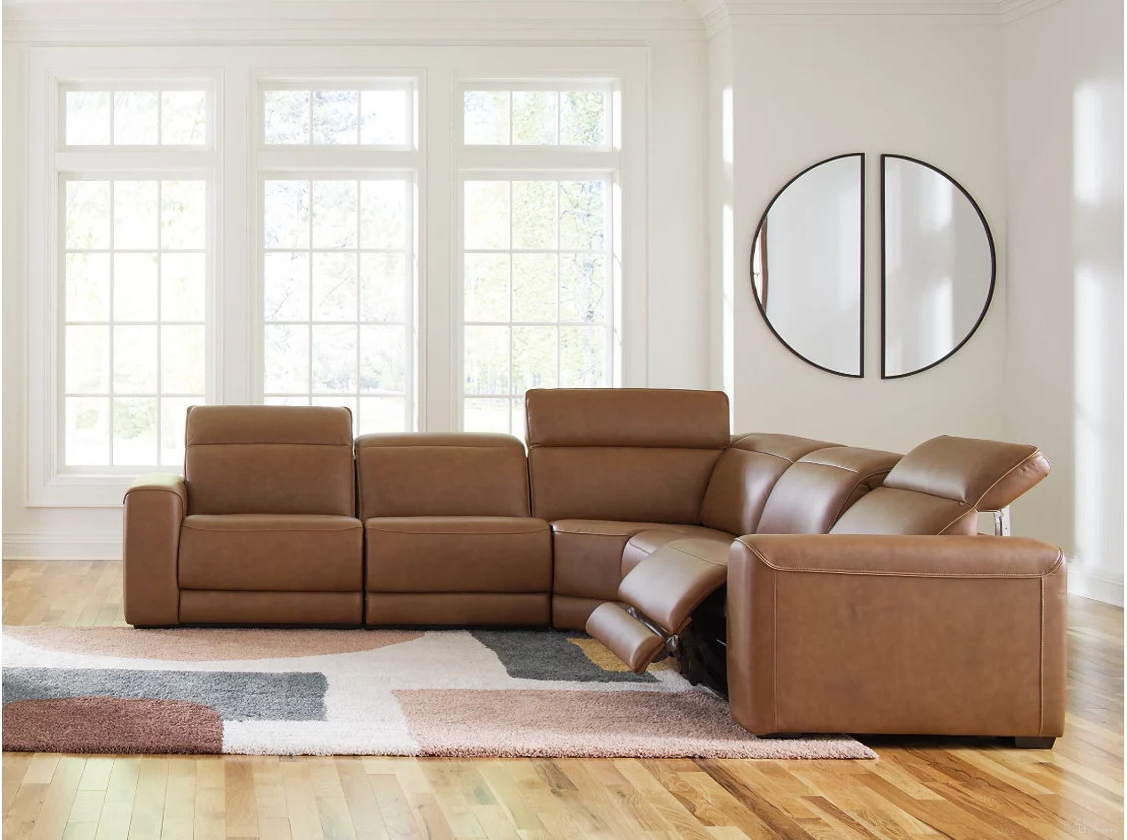 The appearance of EasyMoney 5-Piece Power Reclining Sectional In Caramel designed by Signature Design by Ashley in the modern / contemporary interior design. This caramel piece of furniture was selected by 1StopBedrooms from EasyMoney Collection to add a touch of cosiness and style into your home. Sku: NCU1070058;NCU1070031;NCU1070046A;NCU1070077;NCU1070062. Material: Leather.