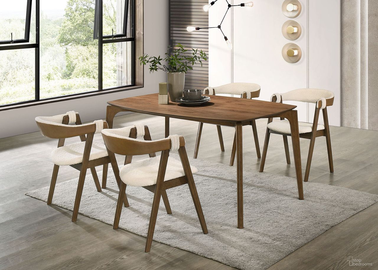The appearance of Ebikon Dining Room Set In Walnut designed by Furniture of America in the modern / contemporary interior design. This walnut piece of furniture was selected by 1StopBedrooms from Ebikon Collection to add a touch of cosiness and style into your home. Sku: FM3216WN-T;FM3211WN-SC-2PK. Table Top Shape: Rectangular. Material: Engineered Wood. Size: 35" x 59".