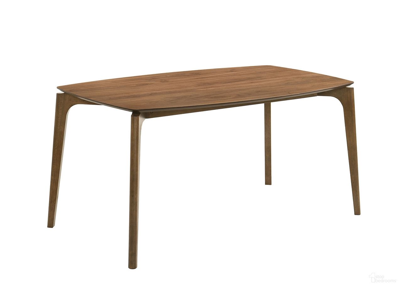 The appearance of Ebikon Dining Table designed by Furniture of America in the modern / contemporary interior design. This walnut piece of furniture was selected by 1StopBedrooms from Ebikon Collection to add a touch of cosiness and style into your home. Sku: FM3216WN-T. Table Base Style: Legs. Table Top Shape: Rectangular. Size: 35" x 59". Material: Solid Rubberwood.