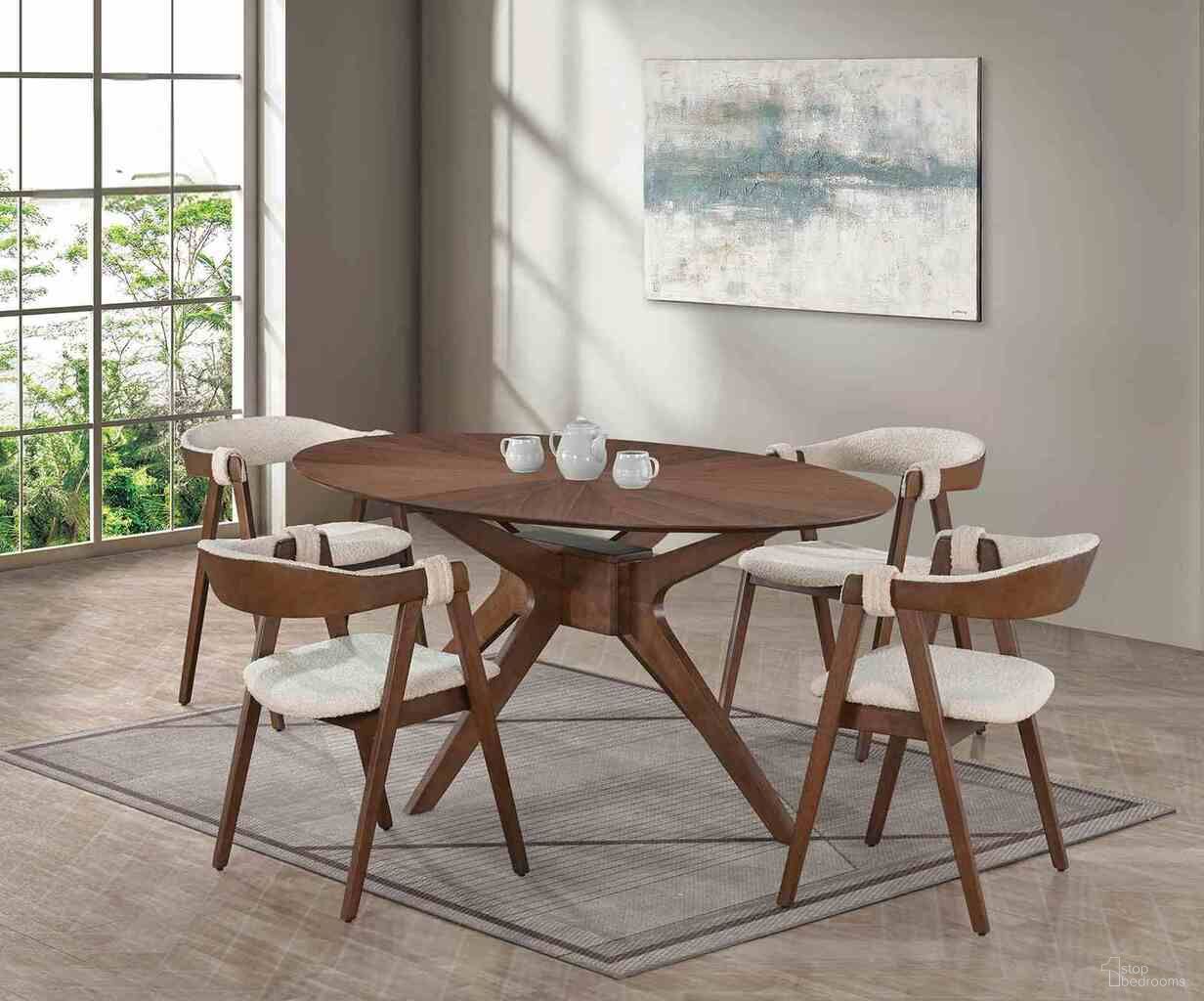 The appearance of Ebikon Oval Dining Table In Walnut designed by Furniture of America in the modern / contemporary interior design. This walnut piece of furniture  was selected by 1StopBedrooms from Ebikon Collection to add a touch of cosiness and style into your home. Sku: FM3211WN-T-1;FM3211WN-T-2. Table Base Style: Pedestal. Table Top Shape: Oval. Size: 43" x 71". Material: Solid Wood.