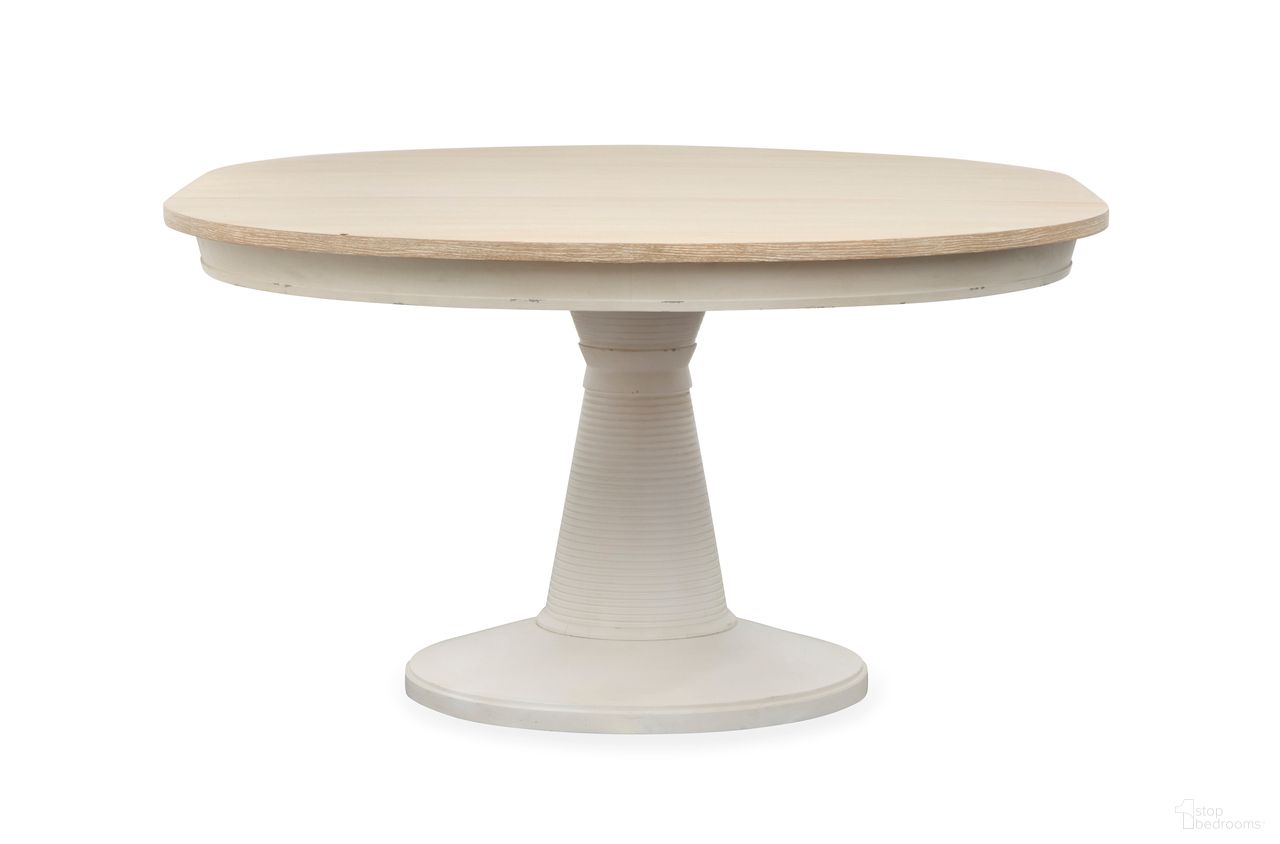 The appearance of Echo Isles Extendable 54 Inch Round Dining Table In Sea Pearl and Driftwood designed by Salt Life Home in the transitional interior design. This sea pearl and driftwood piece of furniture was selected by 1StopBedrooms from Echo Isles Collection to add a touch of cosiness and style into your home. Sku: D6310-24T;D6310-24B. Table Base Style: Pedestal. Table Top Shape: Round. Size: 54". Material: Oak Veneer.