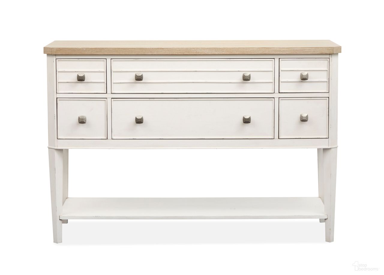 The appearance of Echo Isles Sideboard In Sea Pearl and Driftwood designed by Salt Life Home in the transitional interior design. This sea pearl and driftwood piece of furniture was selected by 1StopBedrooms from Echo Isles Collection to add a touch of cosiness and style into your home. Sku: D6310-12. Material: Oak Veneer.