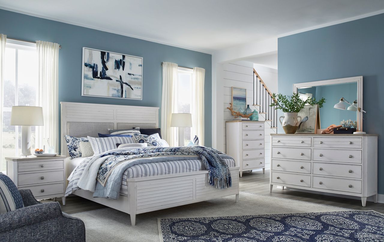 Echo Isles Upholstered Panel Bedroom Set In Sea Pearl and Driftwood