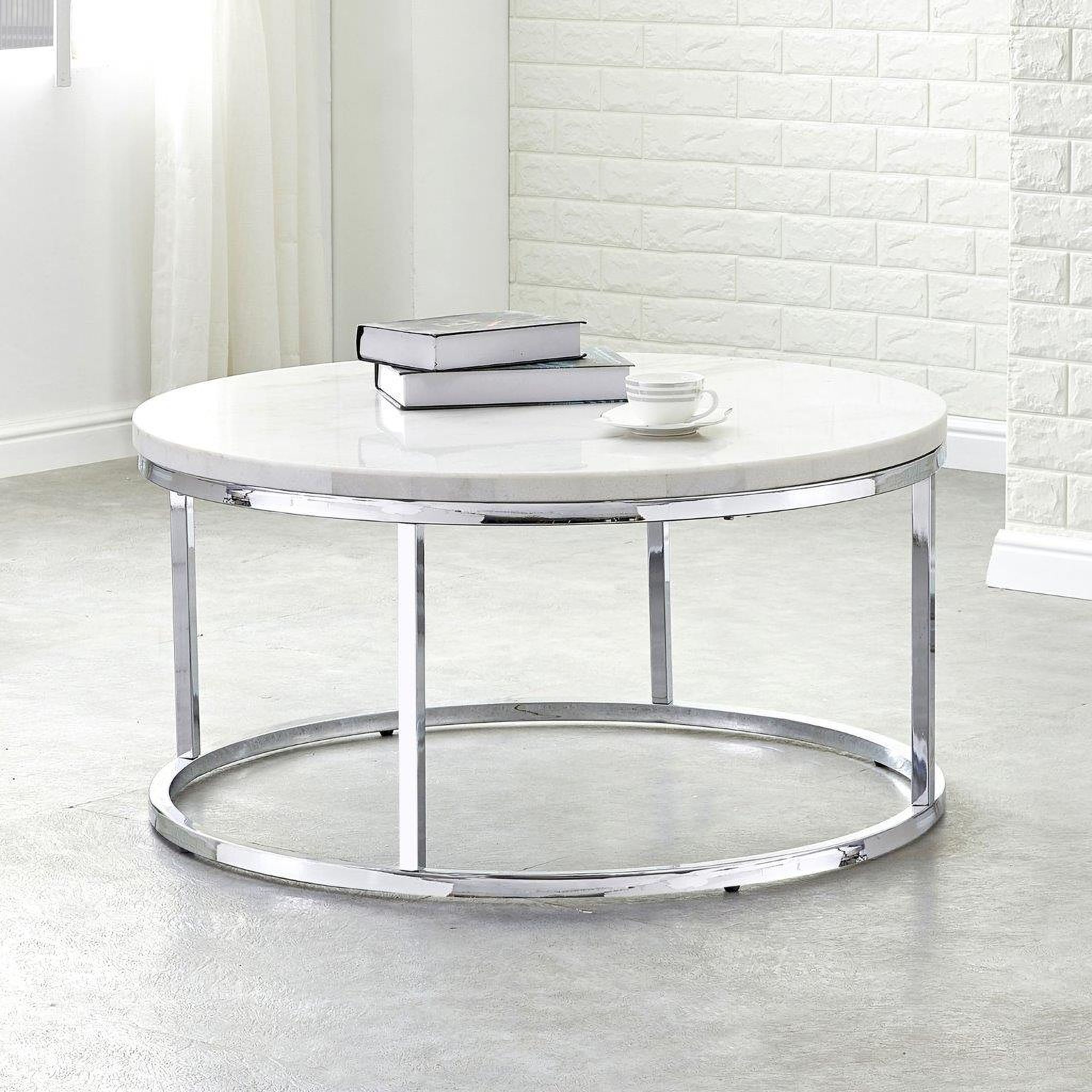 The appearance of Echo Marble Top Round Coffee Table In White designed by Steve Silver in the transitional interior design. This white piece of furniture  was selected by 1StopBedrooms from Echo Collection to add a touch of cosiness and style into your home. Sku: EC100WC. Material: Marble.
