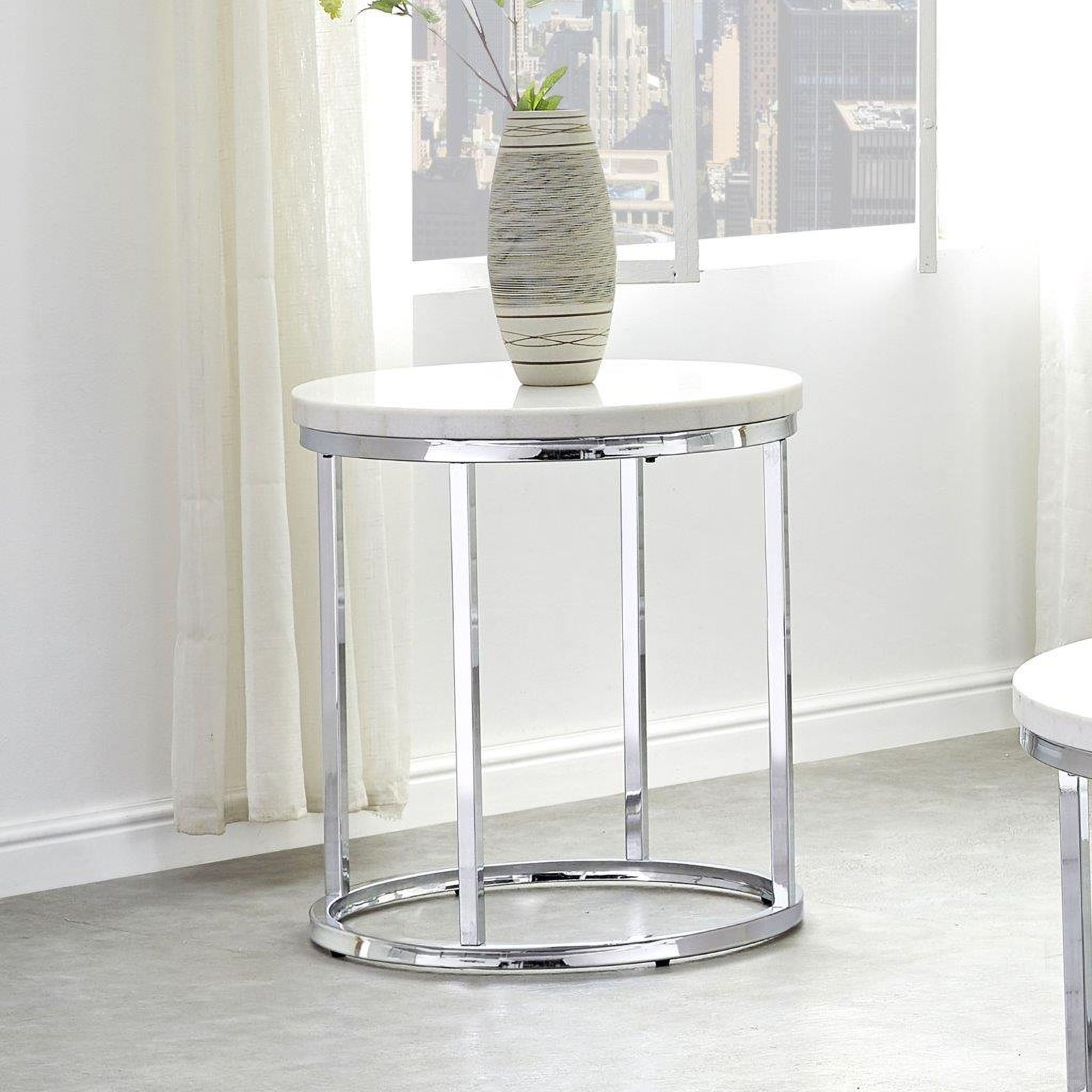 The appearance of Echo Round End Table designed by Steve Silver in the modern / contemporary interior design. This white and chrome piece of furniture  was selected by 1StopBedrooms from Echo Collection to add a touch of cosiness and style into your home. Sku: EC100WE. Material: Marble.