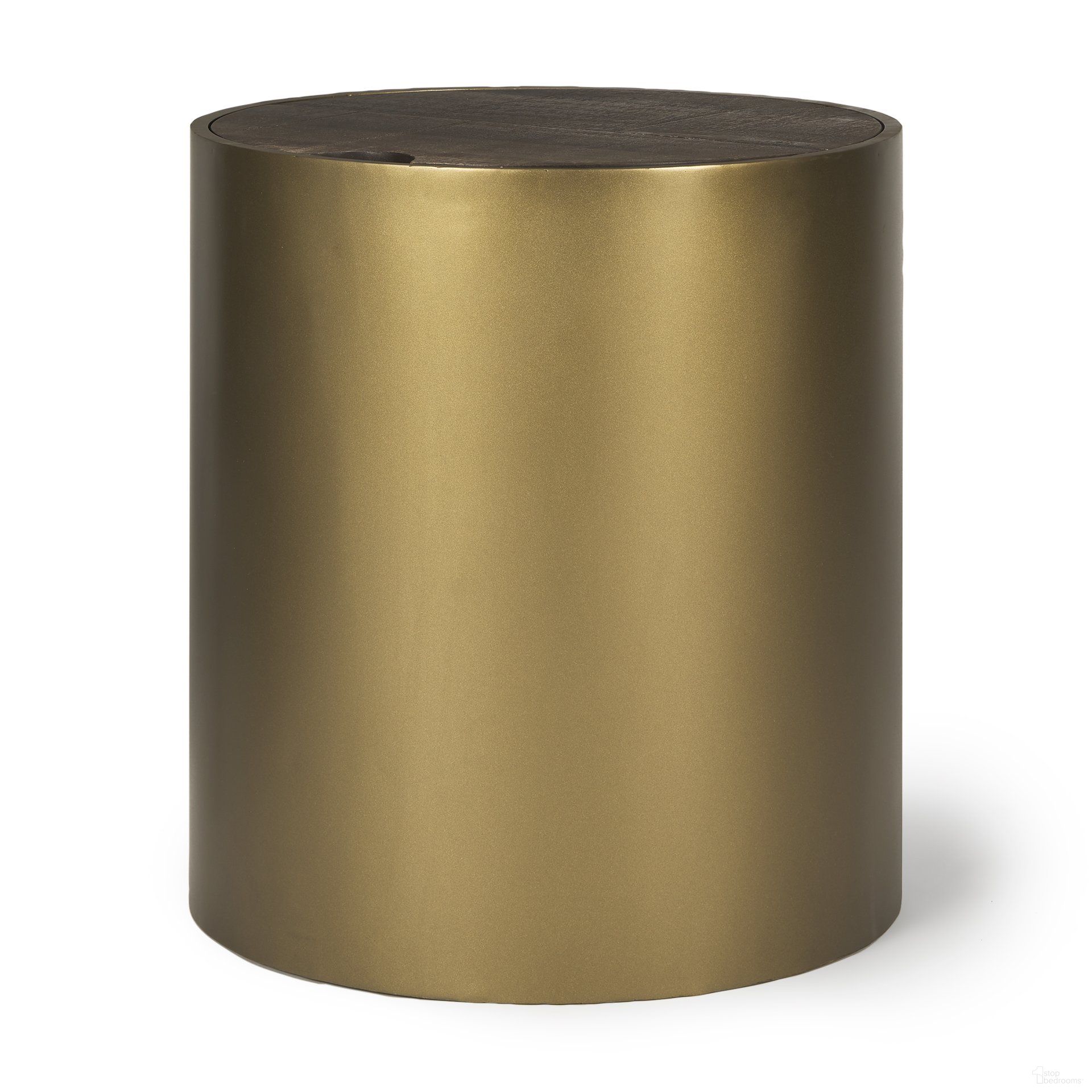 The appearance of Eclipse Gold Metal Drum Base with Wood Top End Side Table In Dark Brown designed by Mercana in the modern / contemporary interior design. This dark brown and gold piece of furniture  was selected by 1StopBedrooms from Eclipse Collection to add a touch of cosiness and style into your home. Sku: 70241. Material: Metal.