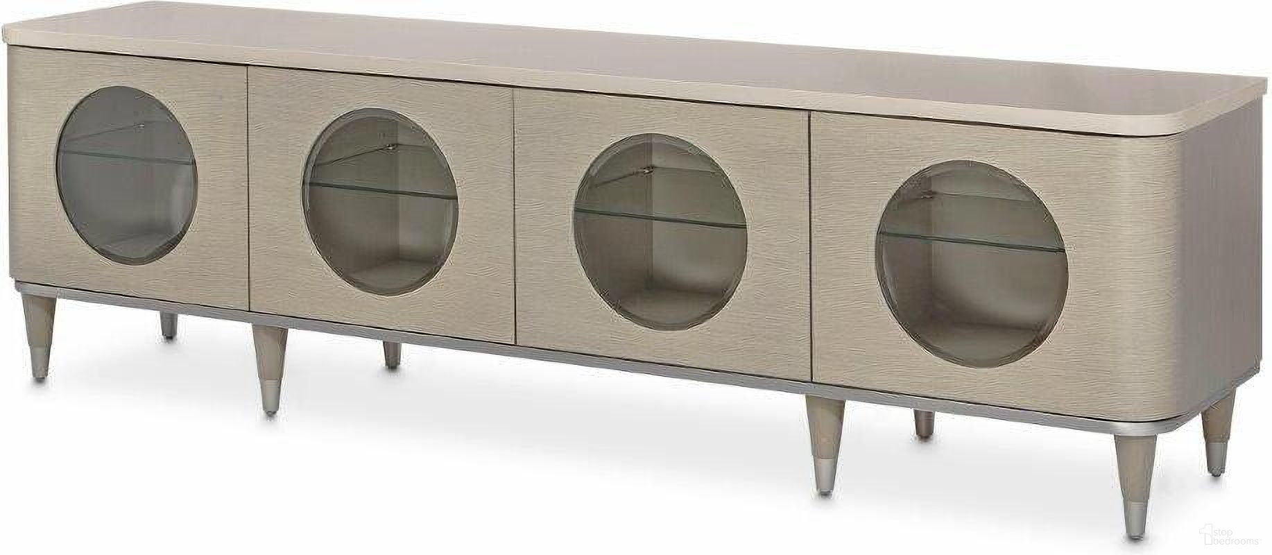 The appearance of Eclipse Tv Console In Moonlight designed by Michael Amini in the modern / contemporary interior design. This moonlight piece of furniture was selected by 1StopBedrooms from Eclipse Collection to add a touch of cosiness and style into your home. Sku: KI-ECLP081-135. Material: Steel.