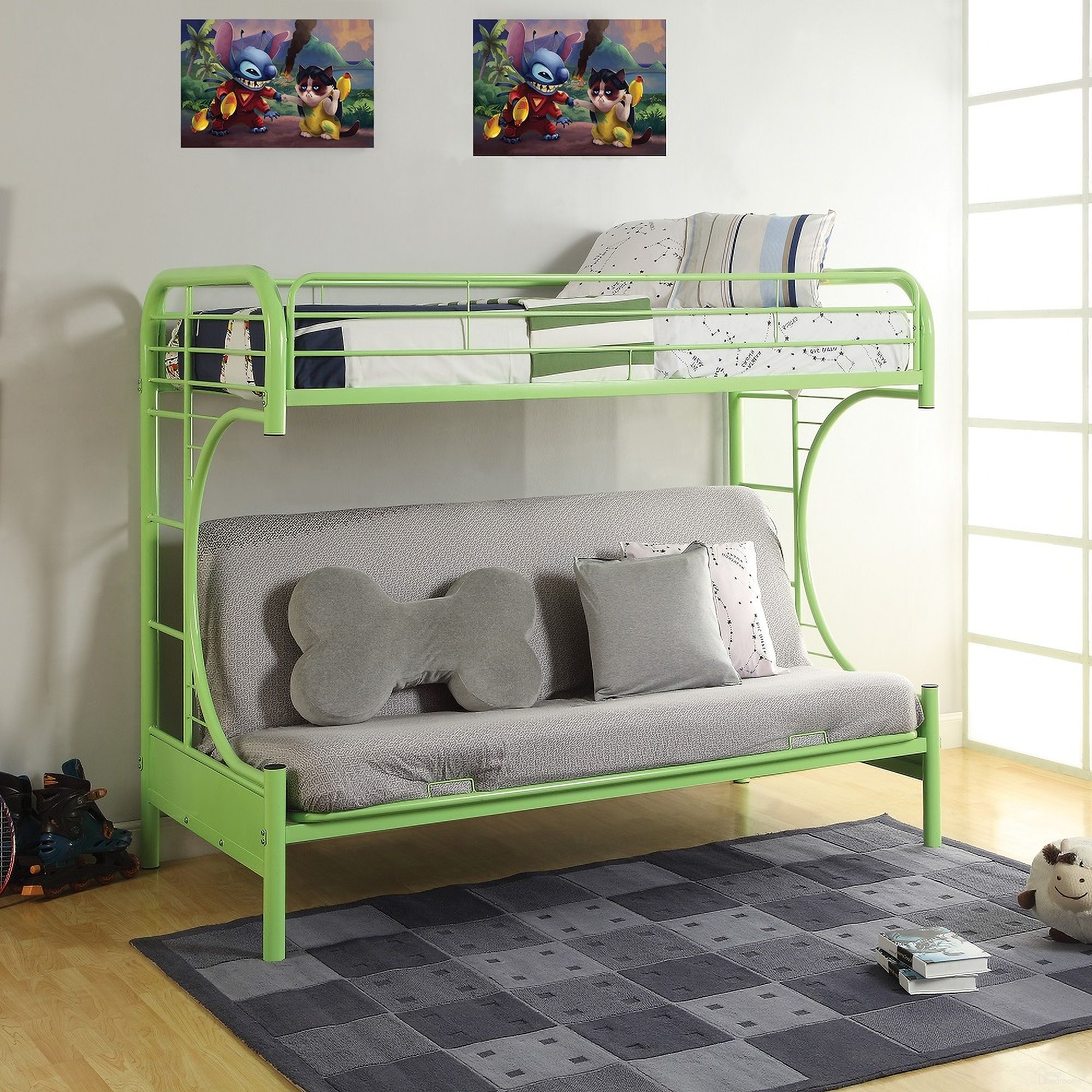 The appearance of Eclipse White and Green Twin Over Full Futon Bunk Bed designed by ACME in the modern / contemporary interior design. This white and green piece of furniture was selected by 1StopBedrooms from Eclipse Collection to add a touch of cosiness and style into your home. Sku: 02091W-GR. Bed Type: Bunk Bed. Material: Metal. Bed Size: Twin Over Full.