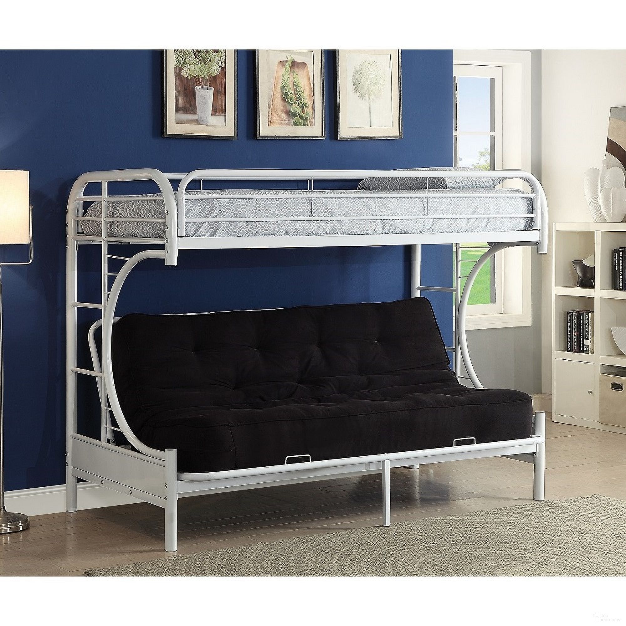 The appearance of Eclipse White Twin Xl Over Queen Futon Bunk Bed designed by ACME in the modern / contemporary interior design. This white piece of furniture was selected by 1StopBedrooms from Eclipse Collection to add a touch of cosiness and style into your home. Sku: 02093WH. Bed Type: Bunk Bed. Material: Metal. Bed Size: Twin Over Queen.