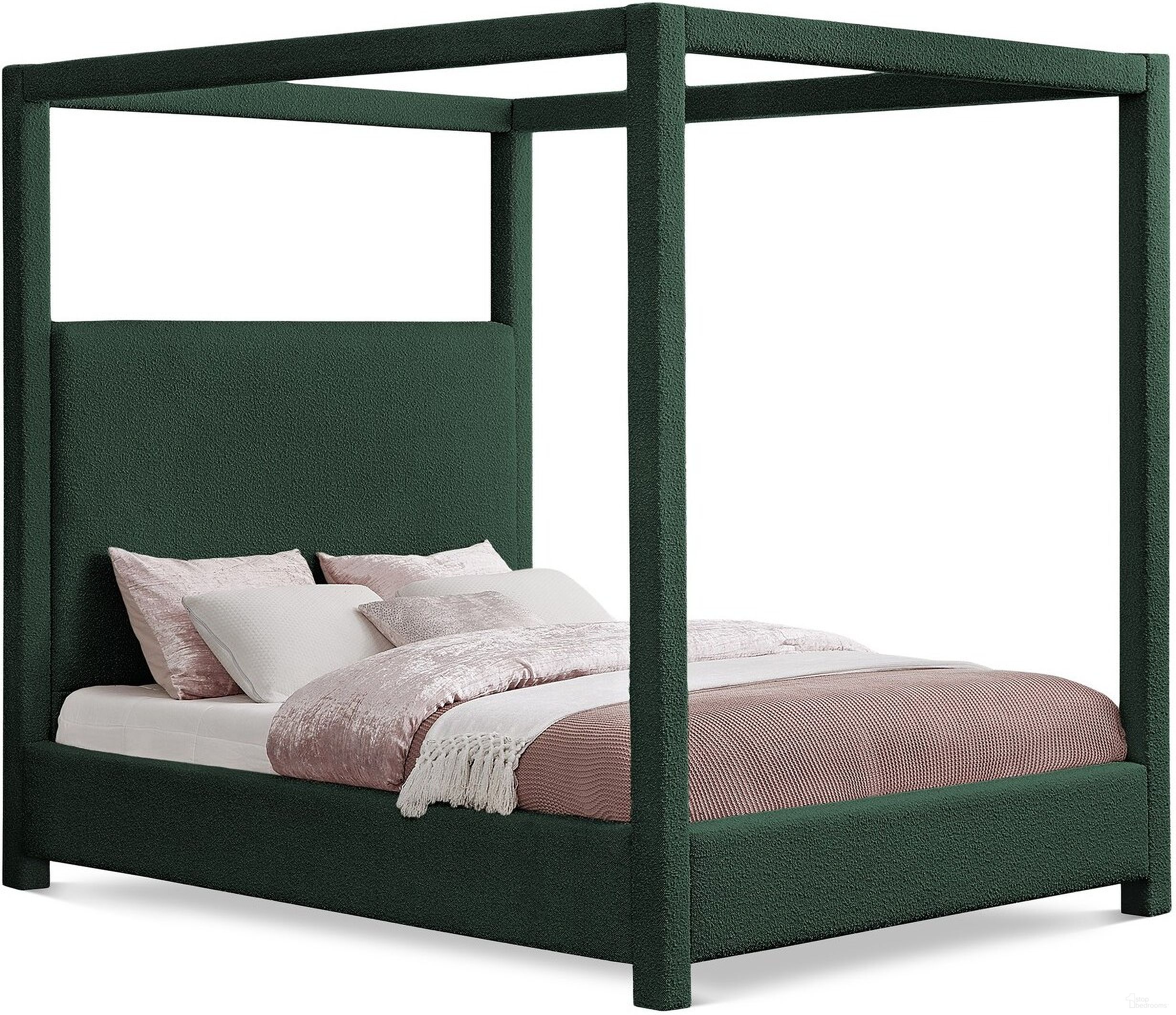 The appearance of Eden Boucle Fabric Queen Bed In Green designed by Meridian in the modern / contemporary interior design. This green piece of furniture was selected by 1StopBedrooms from Eden Collection to add a touch of cosiness and style into your home. Sku: EdenGreen-Q Box 1/3 (Headboard / Slats);EdenGreen-Q Box 2/3 (Footboard / Rails);EdenGreen-Q Box 3/3 (Posts). Bed Type: Canopy Bed. Bed Size: Queen. Material: Plywood.