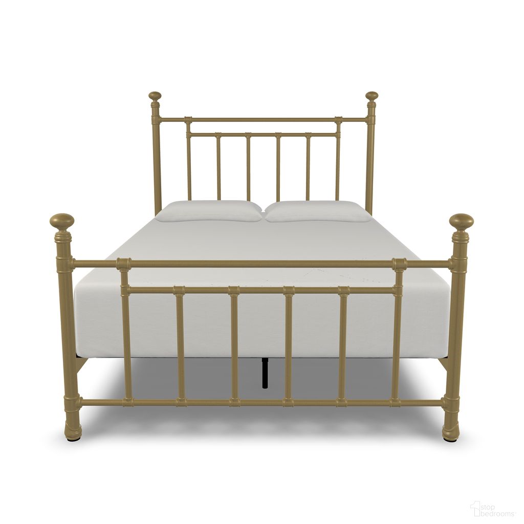 The appearance of Edin Queen Complete Bed with Metal Profile and Platform In Milky Gold designed by Wesley Allen in the transitional interior design. This milky gold piece of furniture was selected by 1StopBedrooms from Edin Collection to add a touch of cosiness and style into your home. Sku: 1094-CB-MPF-WS-5-OGD. Bed Type: Platform Bed. Bed Size: Queen. Material: Iron.