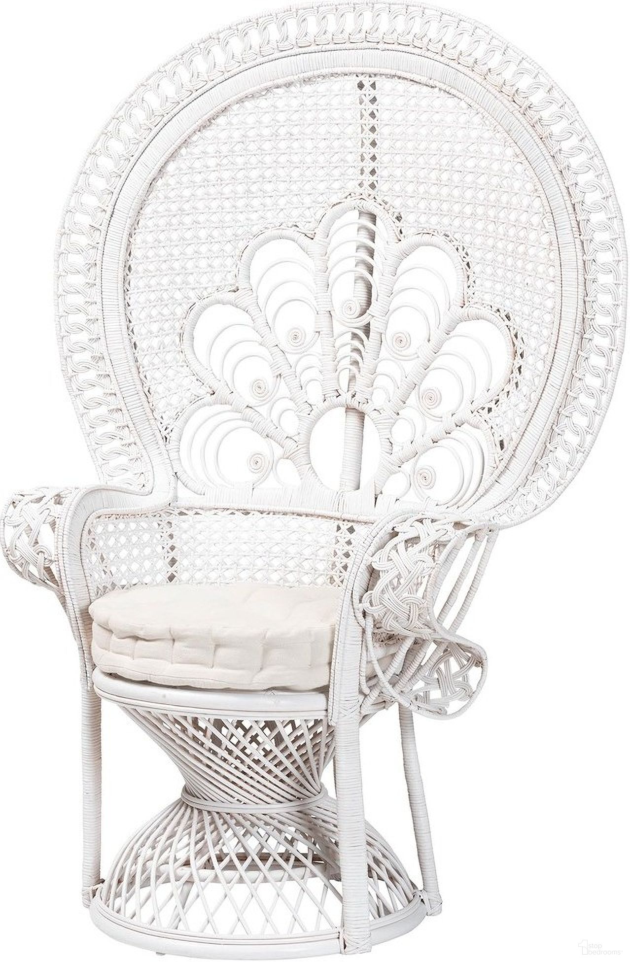 The appearance of Ediva Peacock Accent Chair In White designed by Baxton Studio in the bohemian interior design. This white piece of furniture was selected by 1StopBedrooms from Ediva Collection to add a touch of cosiness and style into your home. Sku: Peacock-001-Rattan-White-AC. Material: Natural Rattan.