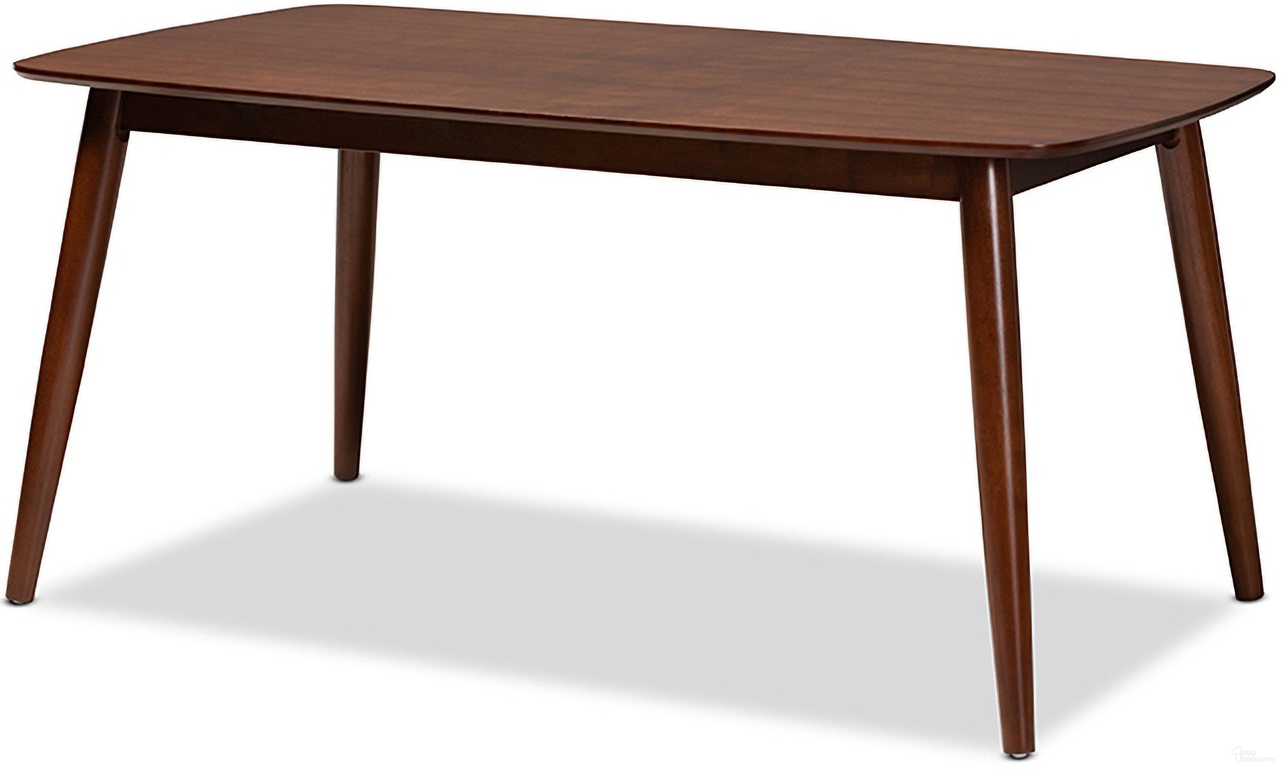 The appearance of Edna Mid-Century Modern Walnut Finished Wood Dining Table designed by Baxton Studio in the modern / contemporary interior design. This walnut piece of furniture  was selected by 1StopBedrooms from Edna Collection to add a touch of cosiness and style into your home. Sku: Flora-Walnut-DT. Table Base Style: Legs. Table Top Shape: Rectangular. Material: Rubberwood. Size: 35" x 63".