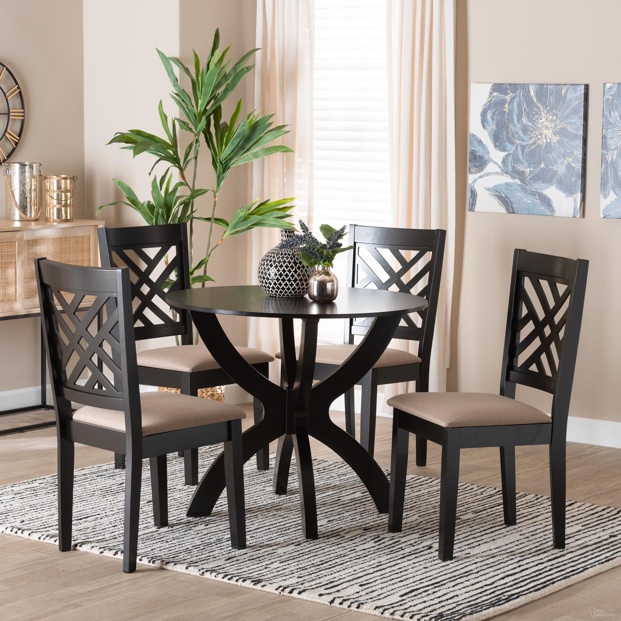 Edona Fabric and Wood 5-Piece Dining Set In Sand and Dark Brown