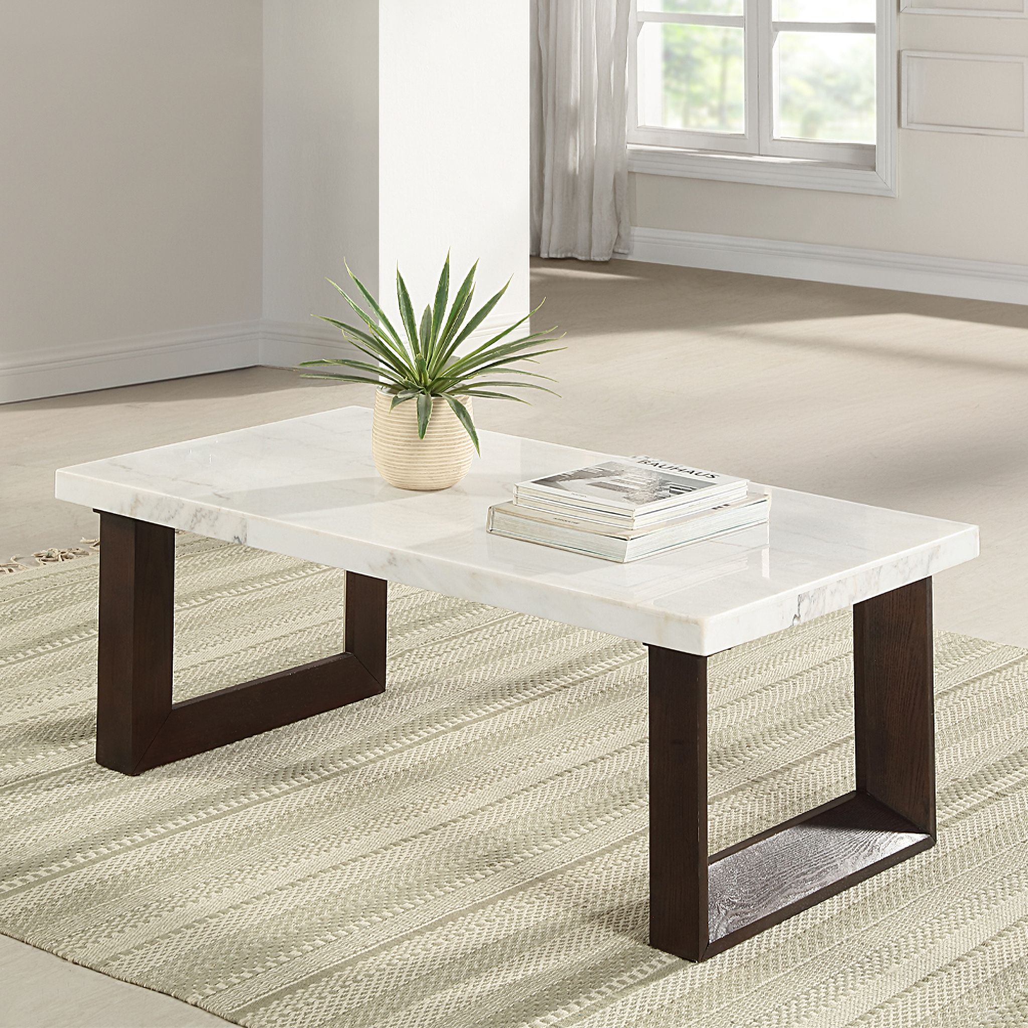 Edwyn Coffee Table with Natrual Marble Top In Espresso and Natural