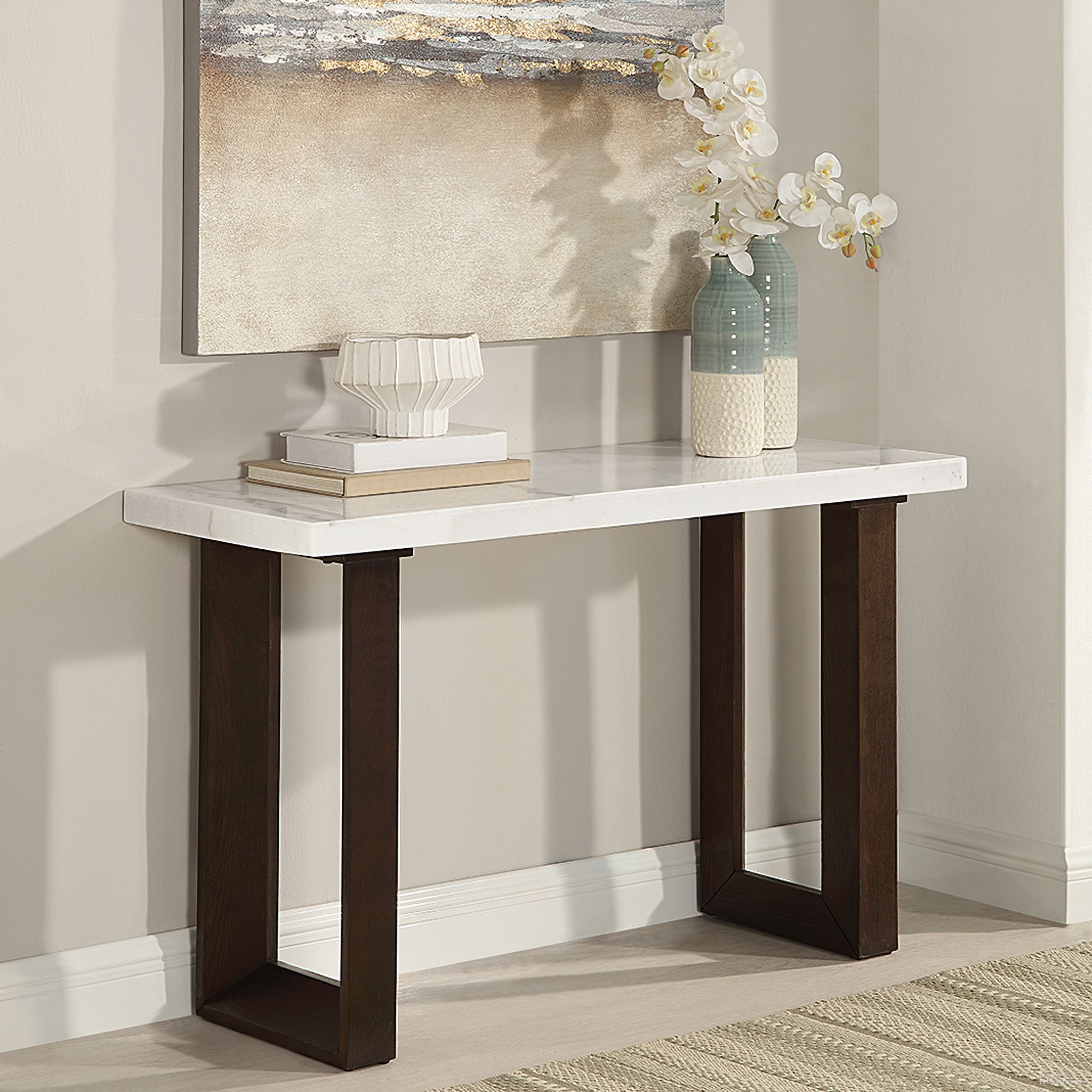 Edwyn Sofa Table with Natrual Marble Top In Espresso and Natural