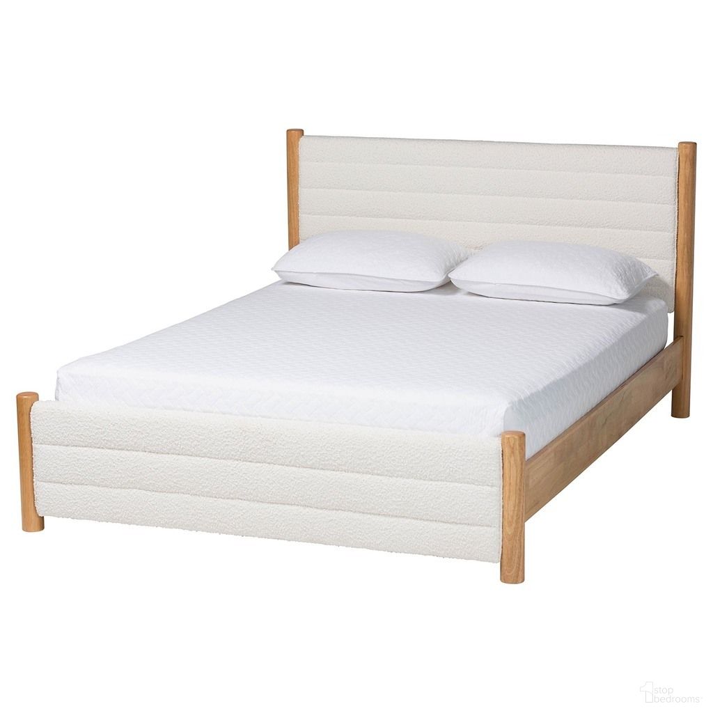 Eilert Queen Upholstered Platform Bed with Wood Base In Cream and Walnut Brown
