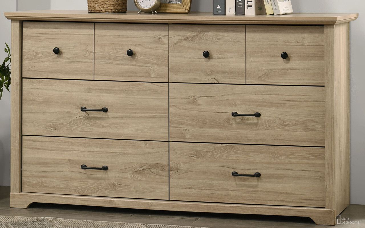 The appearance of Elara 57 Inch 6-Drawer Dresser with Black Handles In Light Oak designed by Lilola Home in the modern / contemporary interior design. This light oak piece of furniture  was selected by 1StopBedrooms from Elara Collection to add a touch of cosiness and style into your home. Sku: 58906DR. Material: Particle Board.