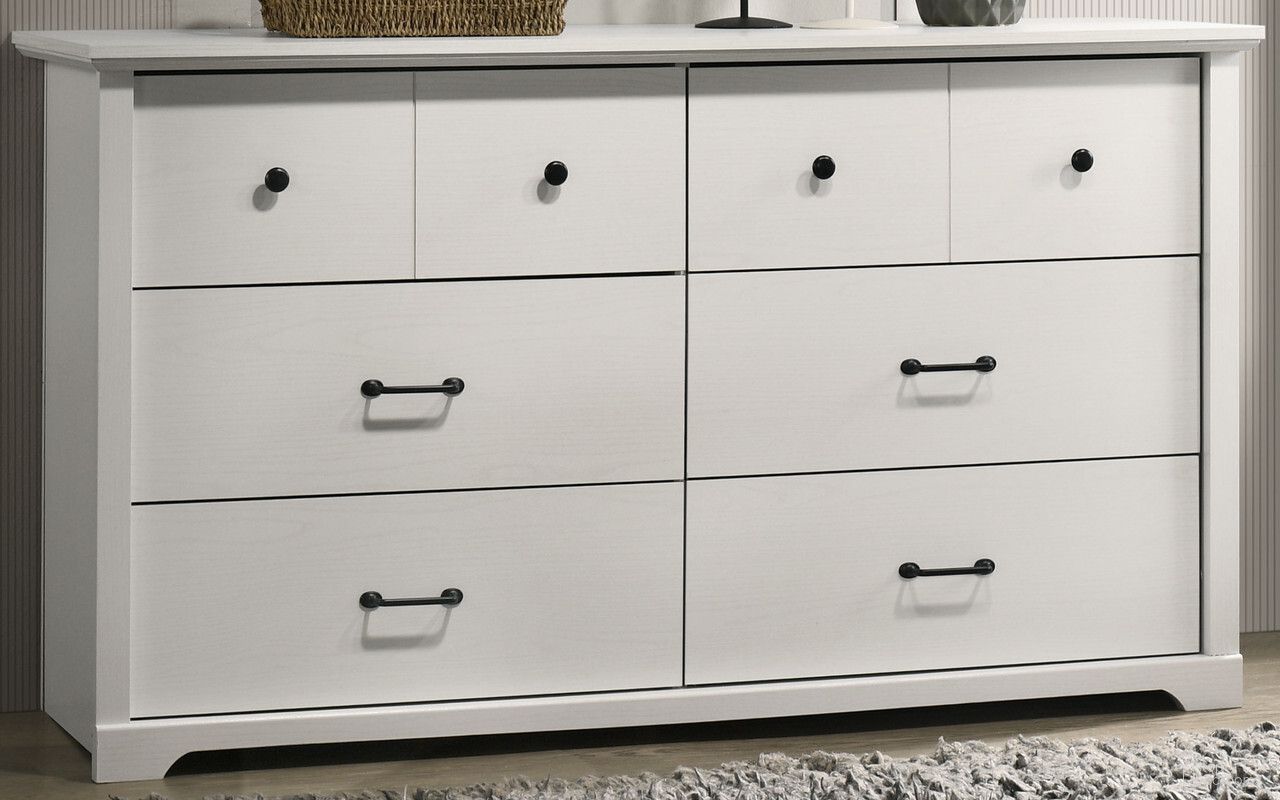 The appearance of Elara 57 Inch 6-Drawer Dresser with Black Handles In White designed by Lilola Home in the modern / contemporary interior design. This white piece of furniture was selected by 1StopBedrooms from Elara Collection to add a touch of cosiness and style into your home. Sku: 58905DR. Material: Particle Board.