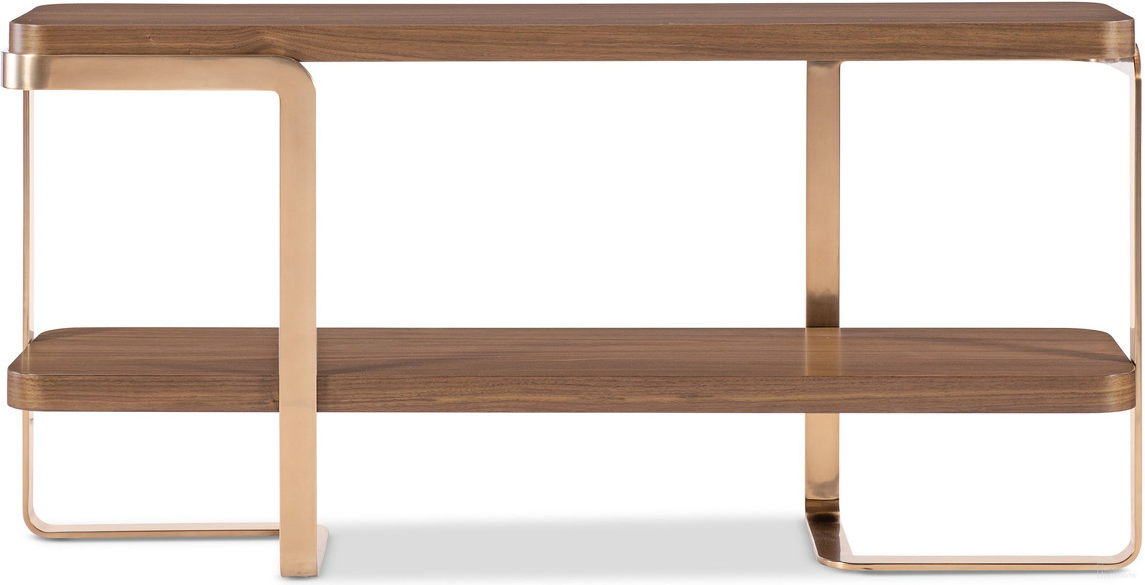 The appearance of Eleana Console Table In Walnut and Bronze designed by Hooker in the transitional interior design. This walnut and bronze piece of furniture was selected by 1StopBedrooms from Eleana Collection to add a touch of cosiness and style into your home. Sku: 7252-85005-85. Material: Walnut Veneer.