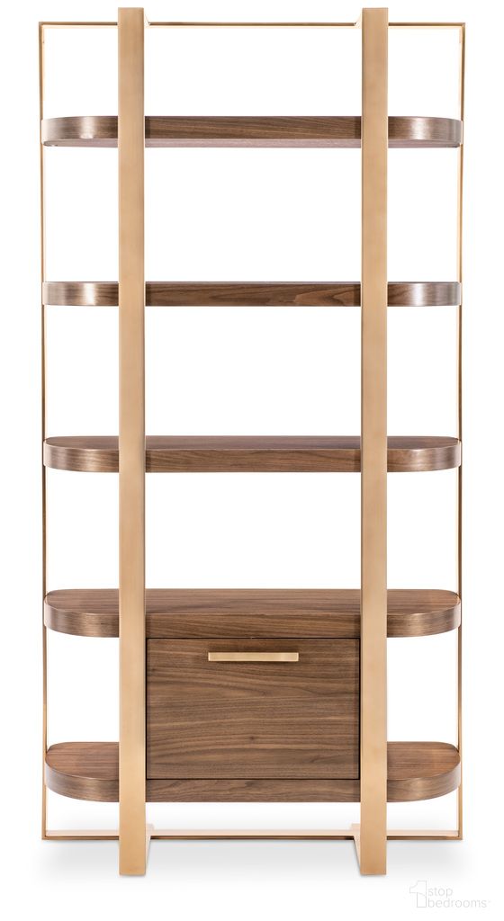 The appearance of Eleana Etagere In Walnut and Bronze designed by Hooker in the transitional interior design. This walnut and bronze piece of furniture was selected by 1StopBedrooms from Eleana Collection to add a touch of cosiness and style into your home. Sku: 7252-50003-85. Material: Walnut Veneer.