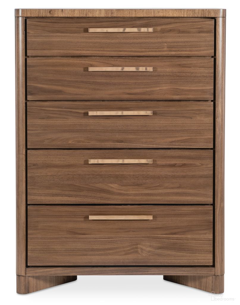 The appearance of Eleana Five Drawer Chest In Walnut designed by Hooker in the transitional interior design. This walnut piece of furniture  was selected by 1StopBedrooms from Eleana Collection to add a touch of cosiness and style into your home. Sku: 7252-90010-85. Material: Walnut Veneer.