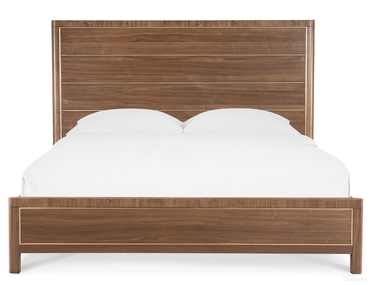 The appearance of Eleana Queen Panel Bed In Walnut and Bronze designed by Hooker in the transitional interior design. This walnut and bronze piece of furniture  was selected by 1StopBedrooms from Eleana Collection to add a touch of cosiness and style into your home. Sku: 7252-90350-85. Bed Type: Panel Bed. Bed Size: Queen. Material: Walnut Veneer.