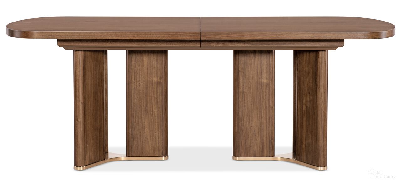 The appearance of Eleana Rectangle Dining Table with Two 20 Inch Leaves In Walnut and Bronze designed by Hooker in the transitional interior design. This walnut and bronze piece of furniture was selected by 1StopBedrooms from Eleana Collection to add a touch of cosiness and style into your home. Sku: 7252-75200-85. Table Base Style: Double Pedestal. Table Top Shape: Rectangular. Size: 46" x 82". Material: Walnut Veneer.