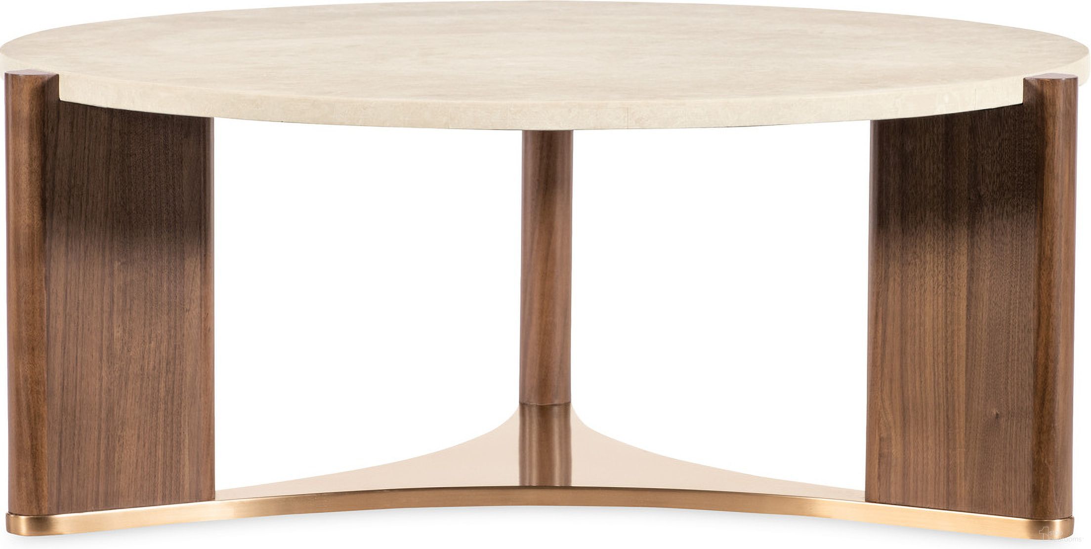 The appearance of Eleana Round Cocktail Table In Walnut and Beige designed by Hooker in the transitional interior design. This walnut and beige piece of furniture was selected by 1StopBedrooms from Eleana Collection to add a touch of cosiness and style into your home. Sku: 7252-80111-85. Material: Walnut Veneer.
